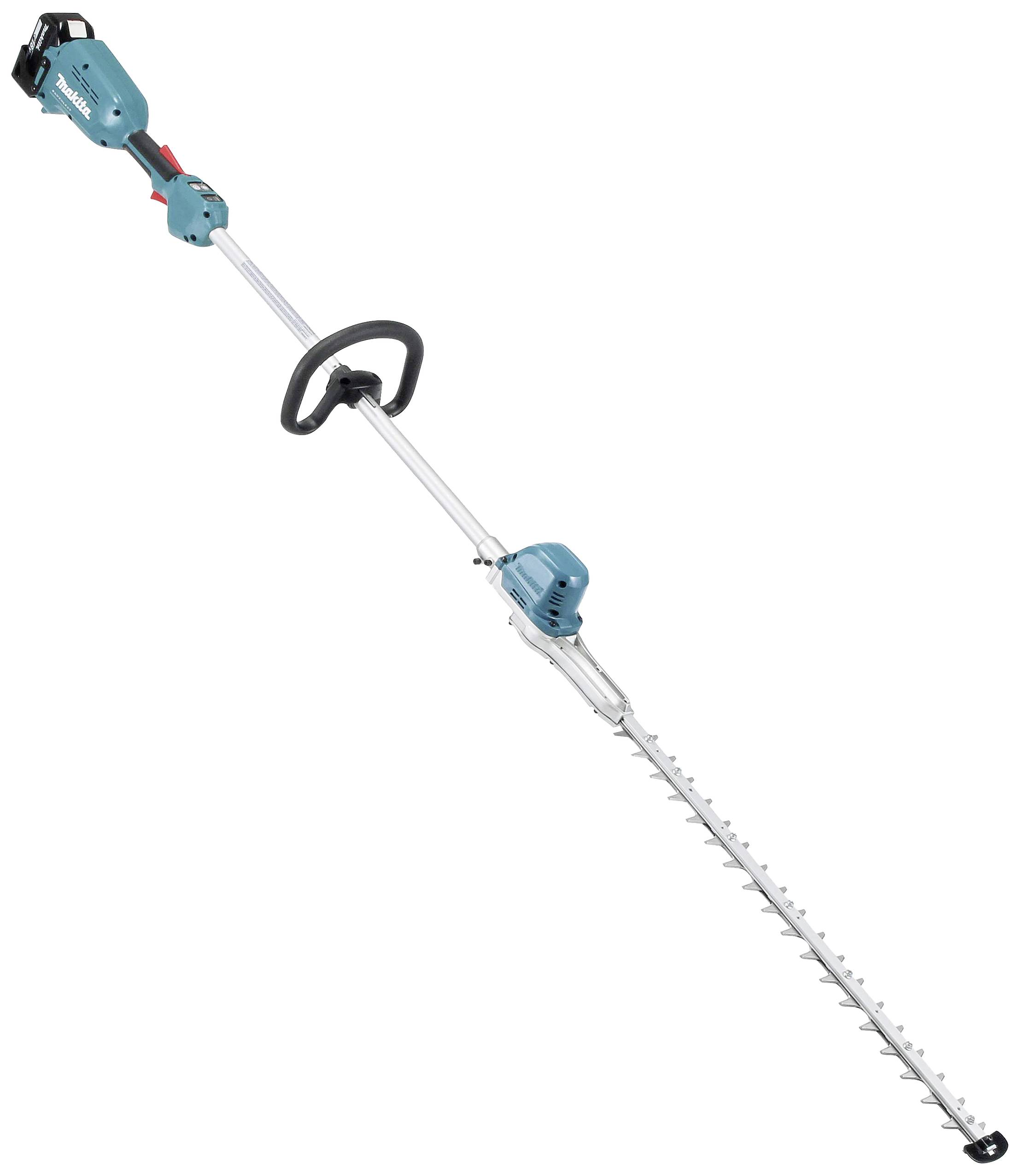 Akkubetriebene Heckenschere in voller Ansicht mit langen, blauen Stangen. Geeignet zum Schneiden hoher Hecken und Büsche.