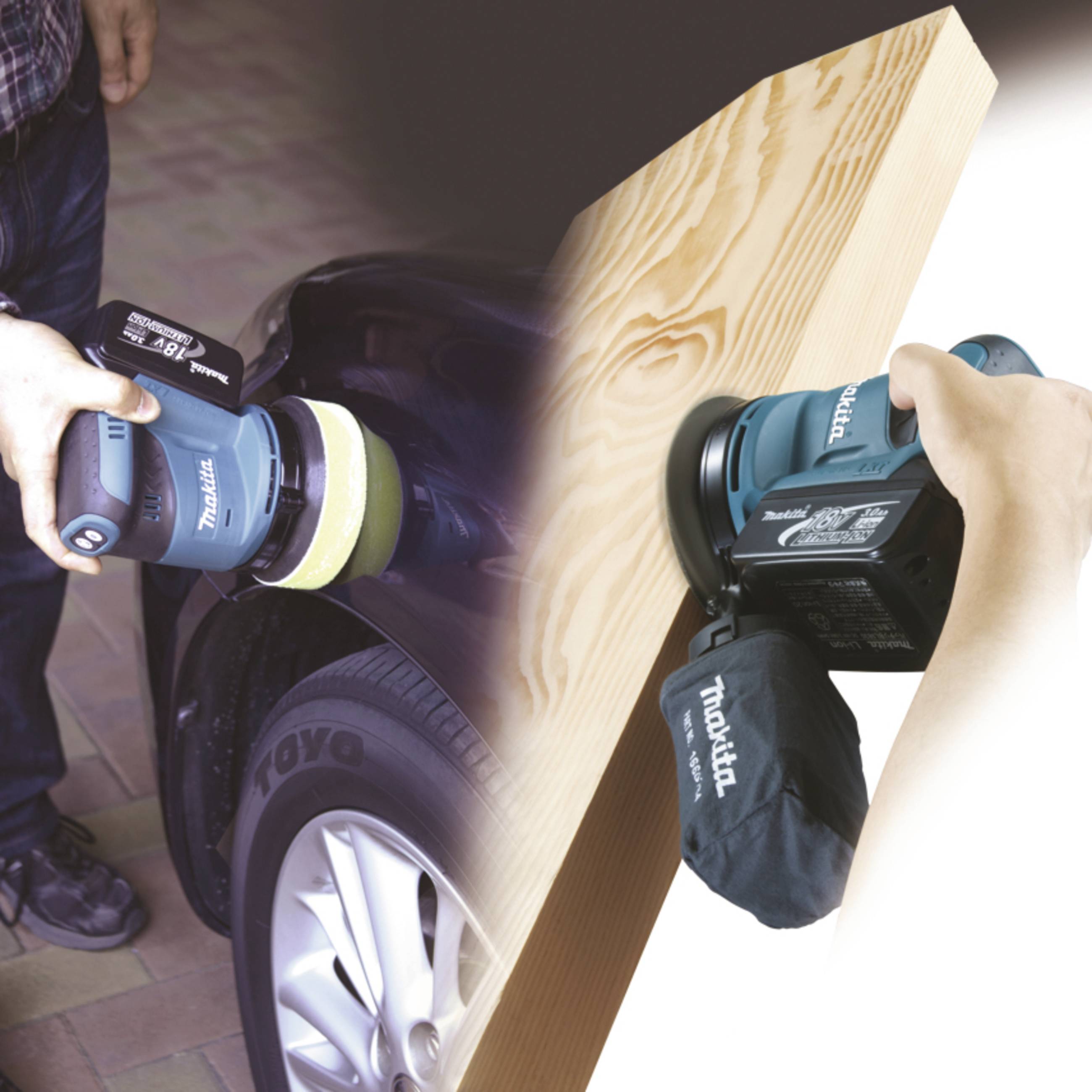 Zwei Bilder in einem: Links jemand poliert ein Autolack mit einer Poliermaschine, rechts wird Holz geschliffen, ebenfalls mit Maschine.