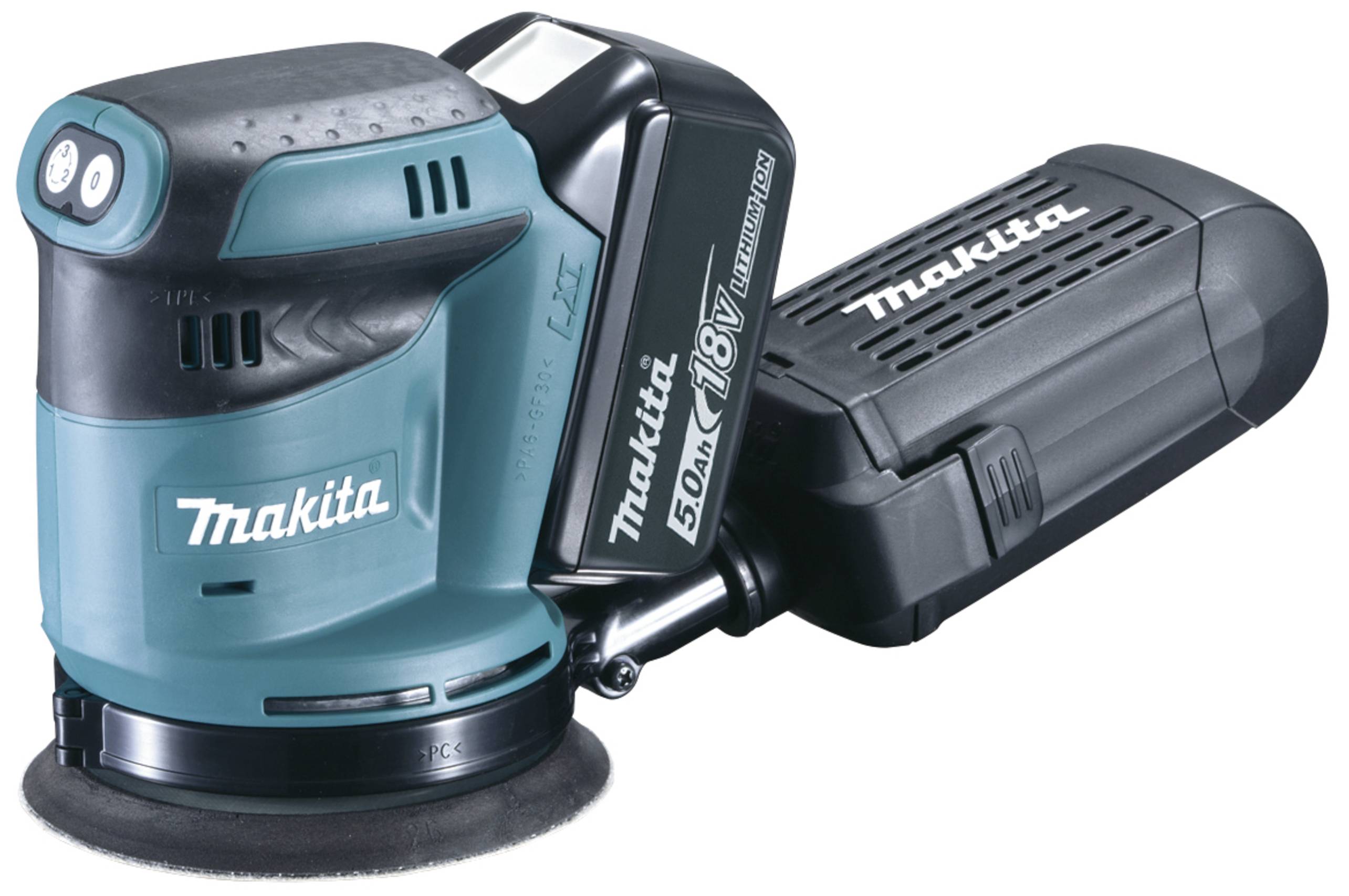 Ein blauer, kabelloser Makita-Exzenterschleifer mit schwarzem Griff und Staubbehälter liegt auf hellem Hintergrund.