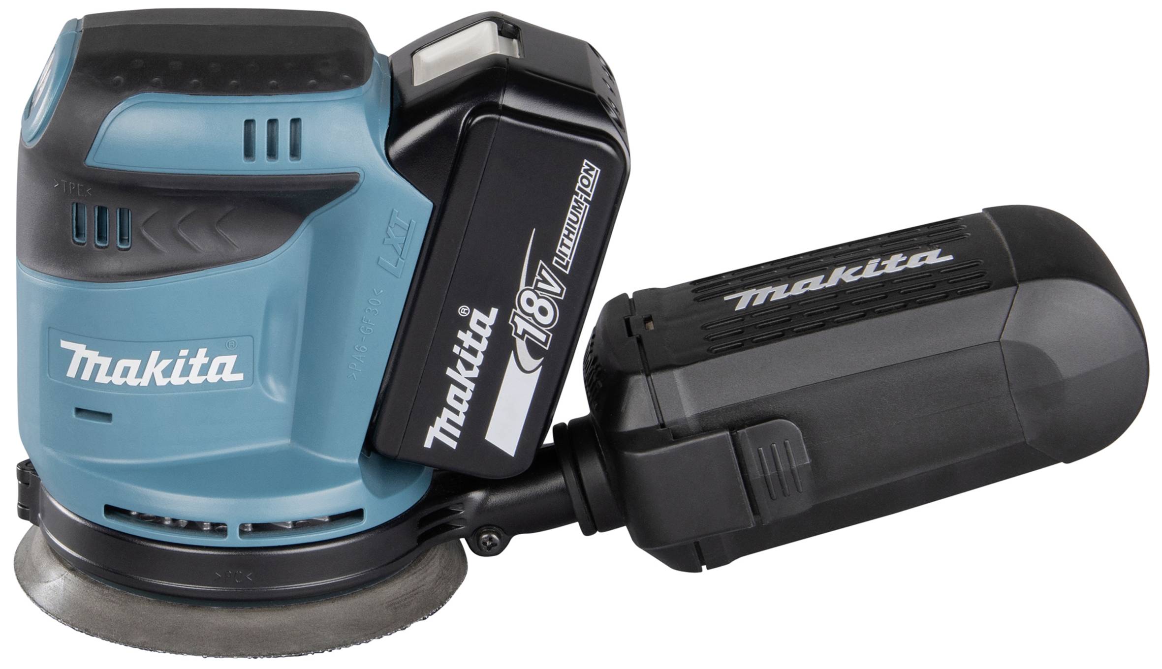Ein blau-schwarzer Makita-Akkuschleifer mit '18V'-Batteriemodul, auf einer weißen Fläche liegend.