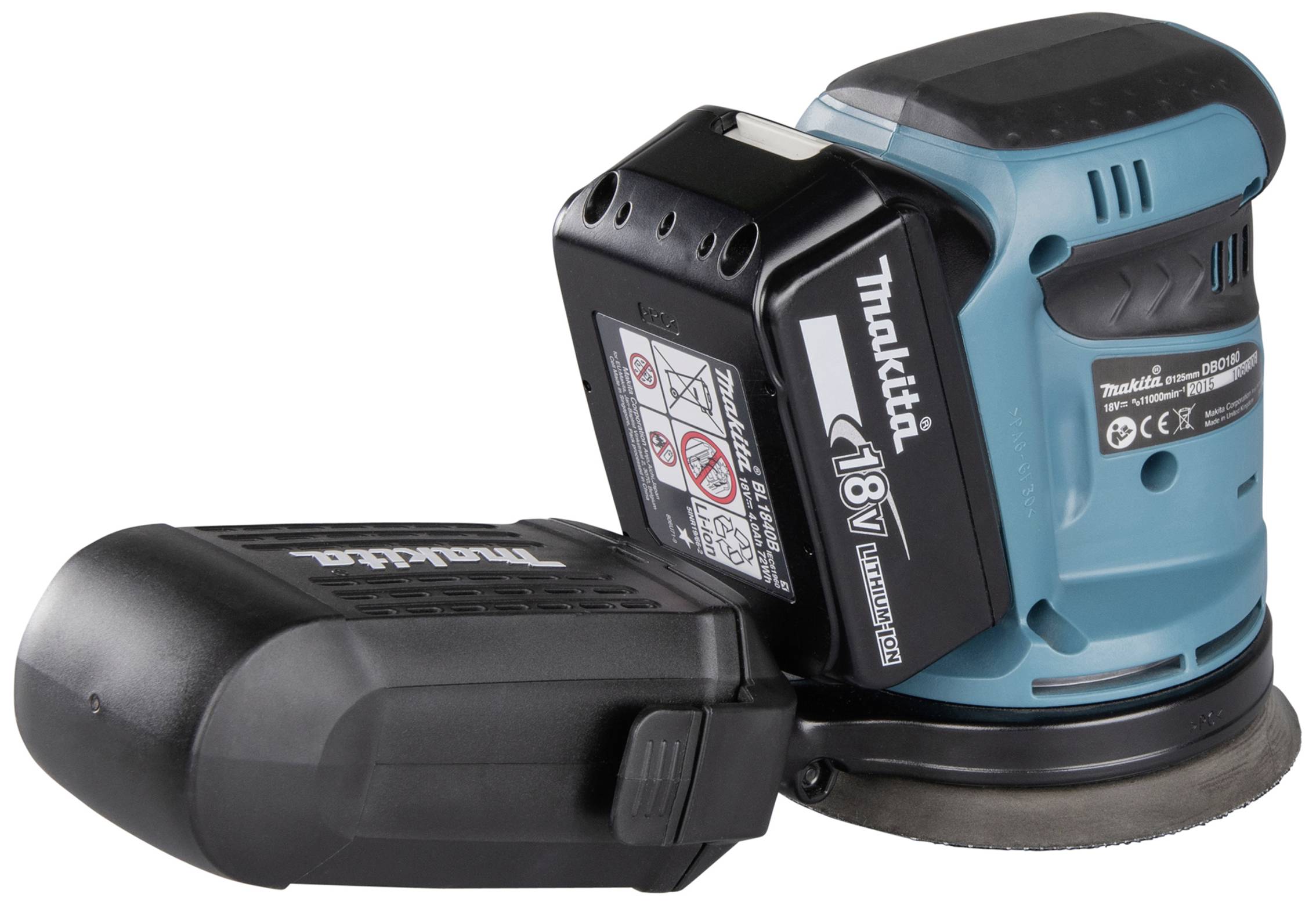 Akkubetriebener blauer und schwarzer Schleifer der Marke Makita, 18 Volt.