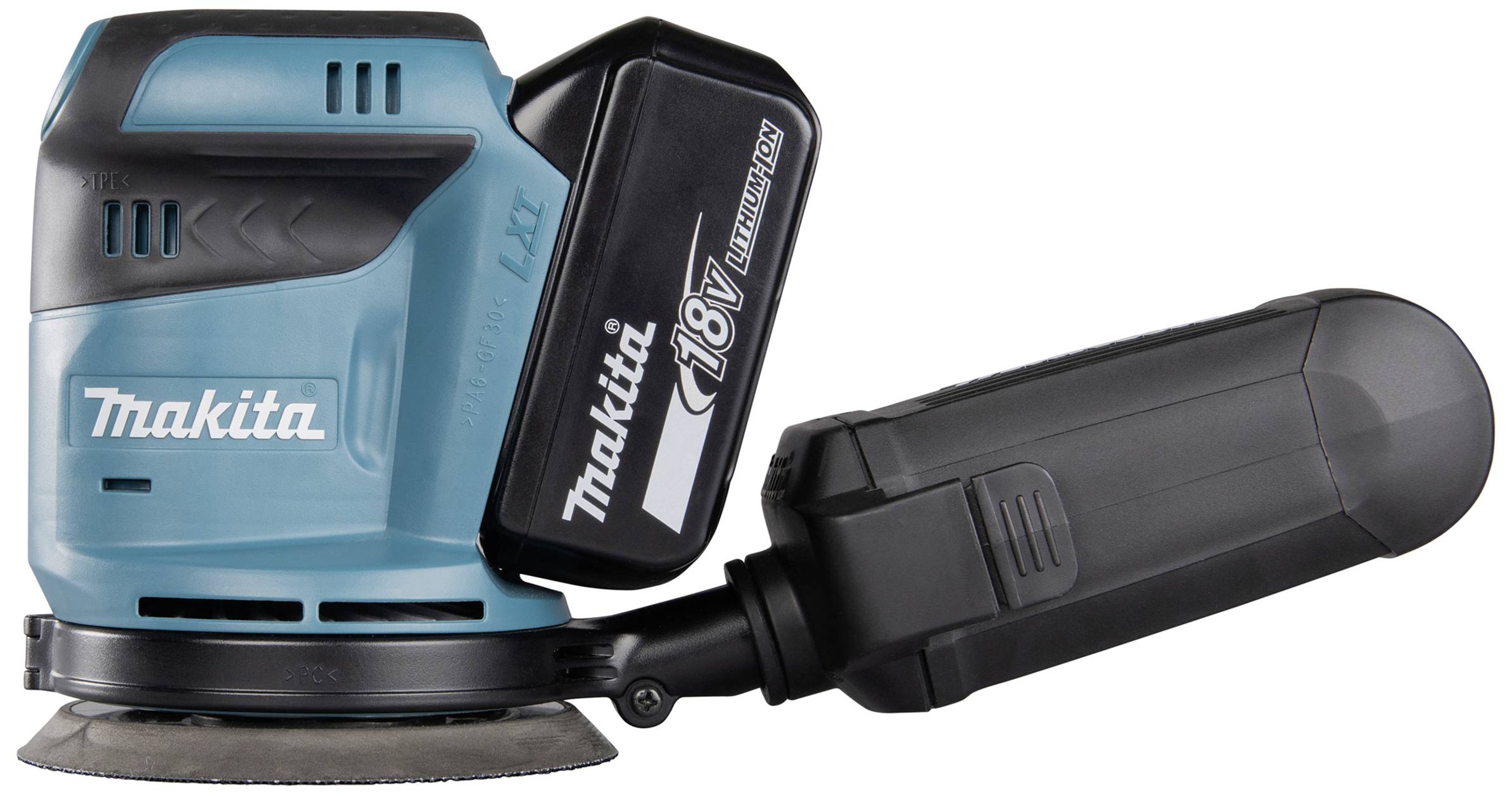 Ein 18V Akku-Exzenterschleifer, blau und schwarz, mit ergonomischem Design, geeignet für Holz- und Metalloberflächen.