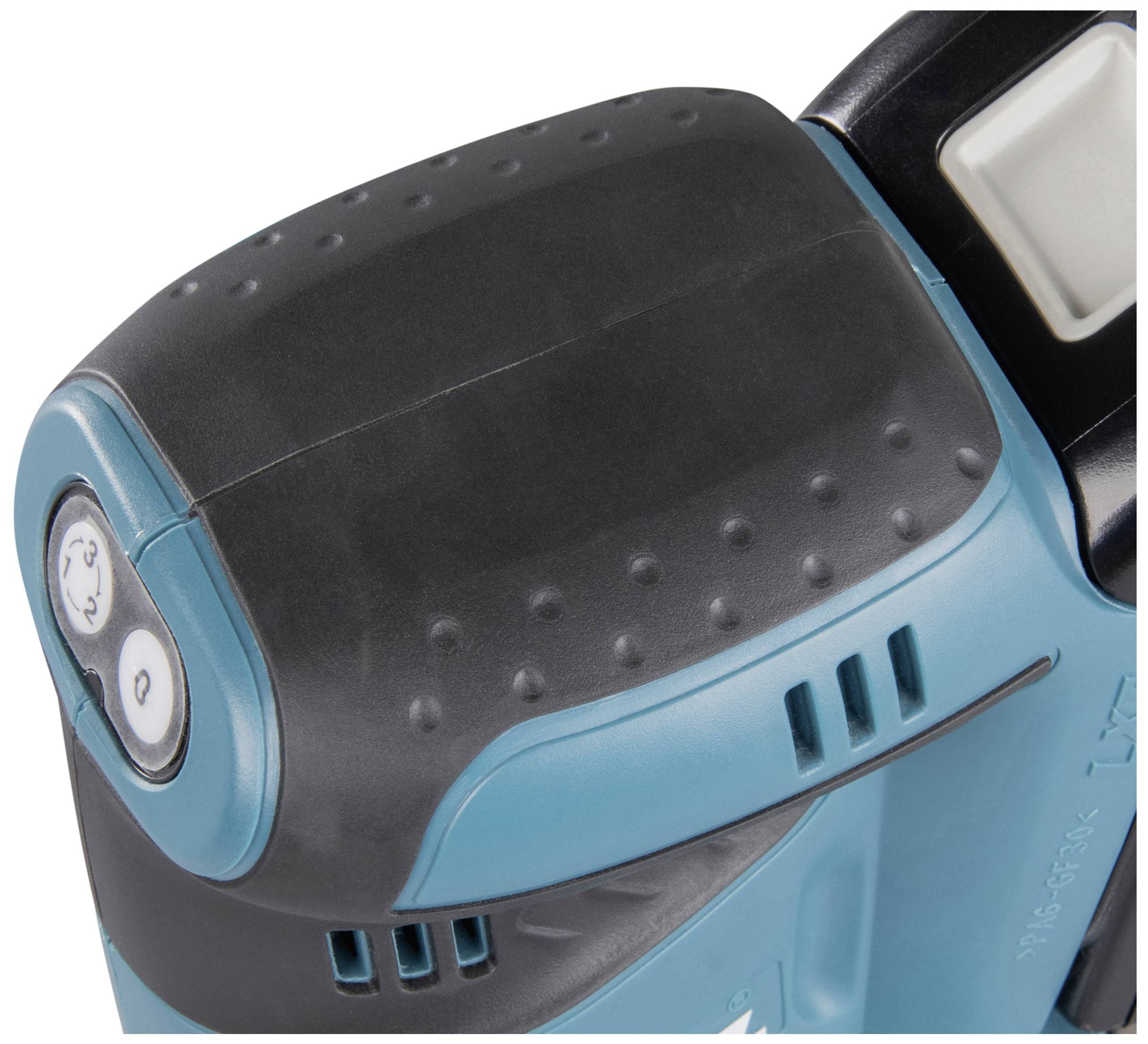 Obenansicht eines blau-schwarzen Elektrowerkzeugs mit genopptem Griff und Bedienknopf an der Seite.