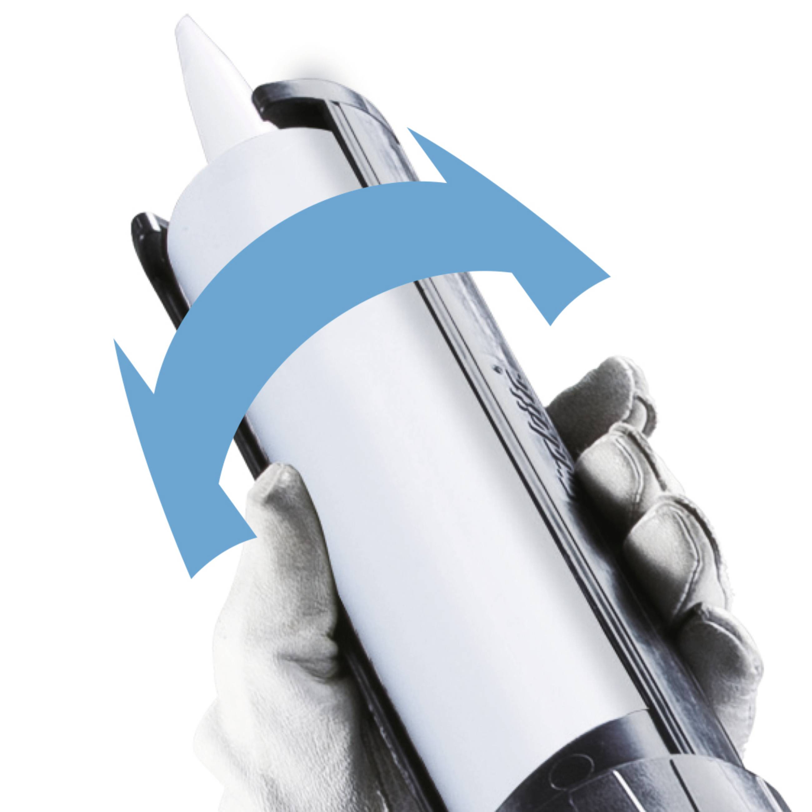 Eine Hand hält eine Kartuschenpistole, die zum Auftragen von Dichtmittel oder Kleber verwendet wird.