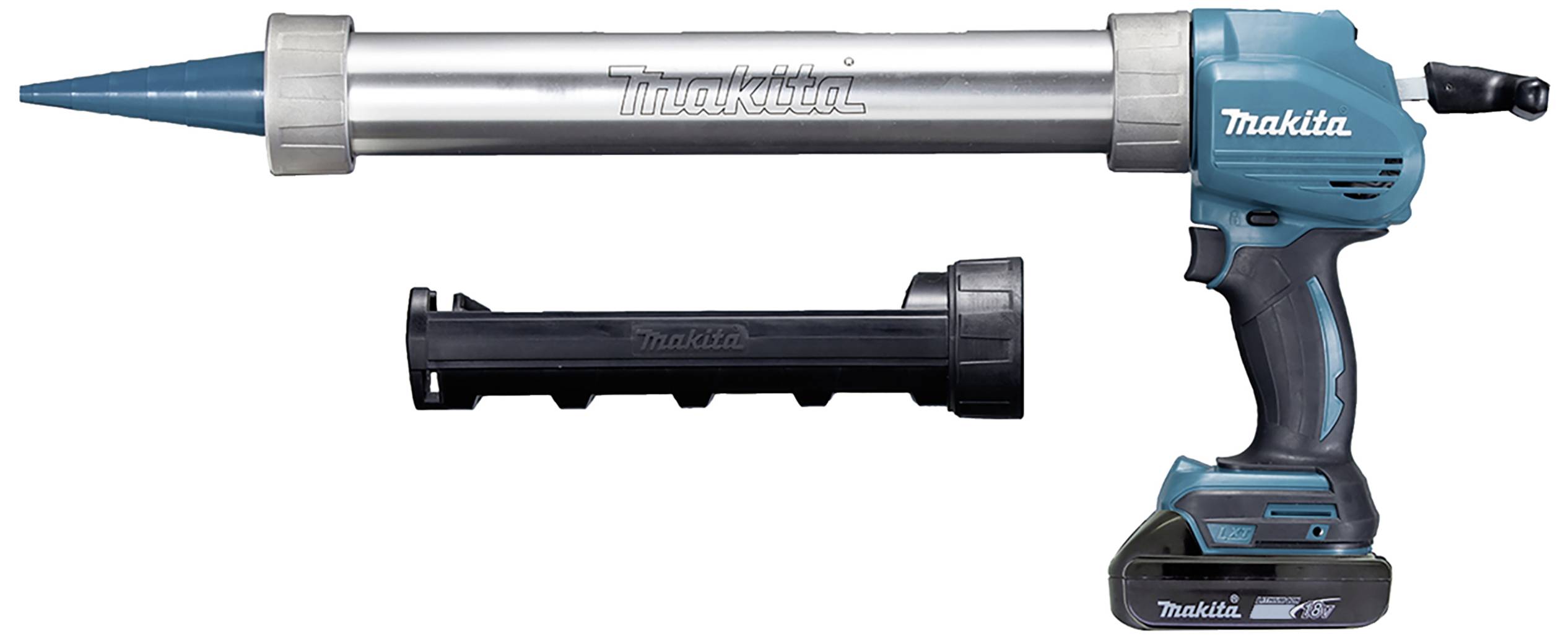 Akku-Kartuschenpistole mit einem schwarzen Halter, geeignet für Bauanwendungen, Markenname 'Makita' auf der Pistole sichtbar.