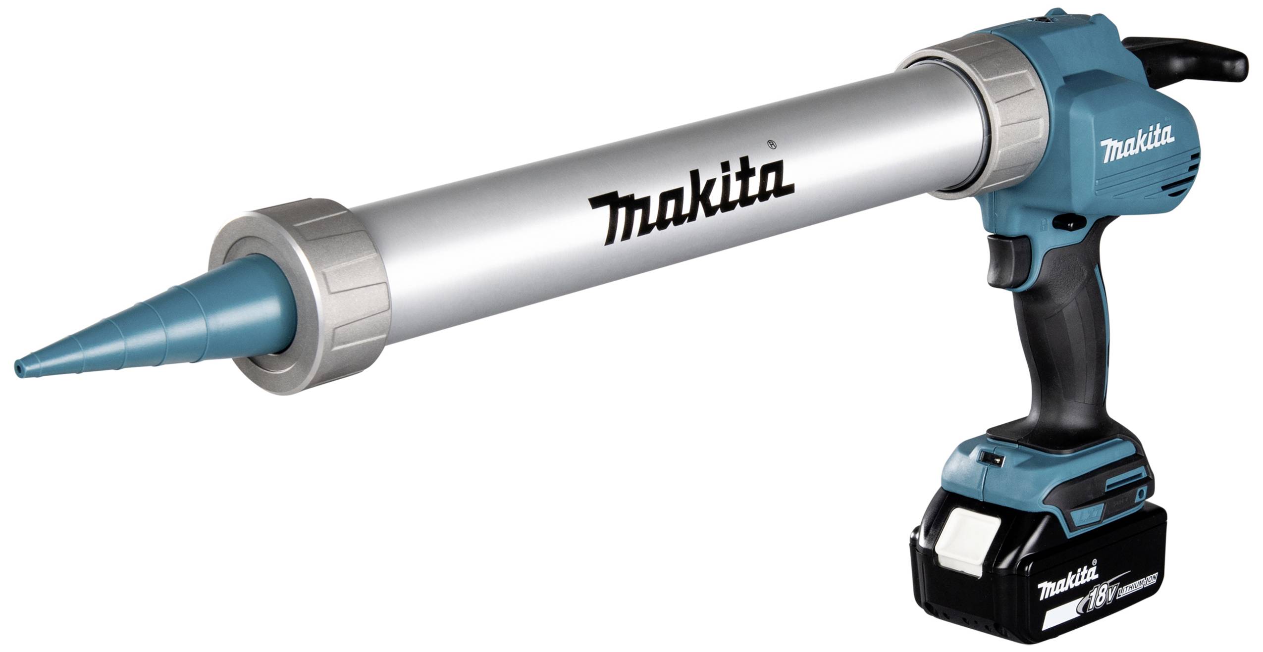 Ein Akku-Kartuschenpistole von Makita, blau und silber, zur Applikation von Dicht- und Klebstoffen mit wechselbarem Akku.