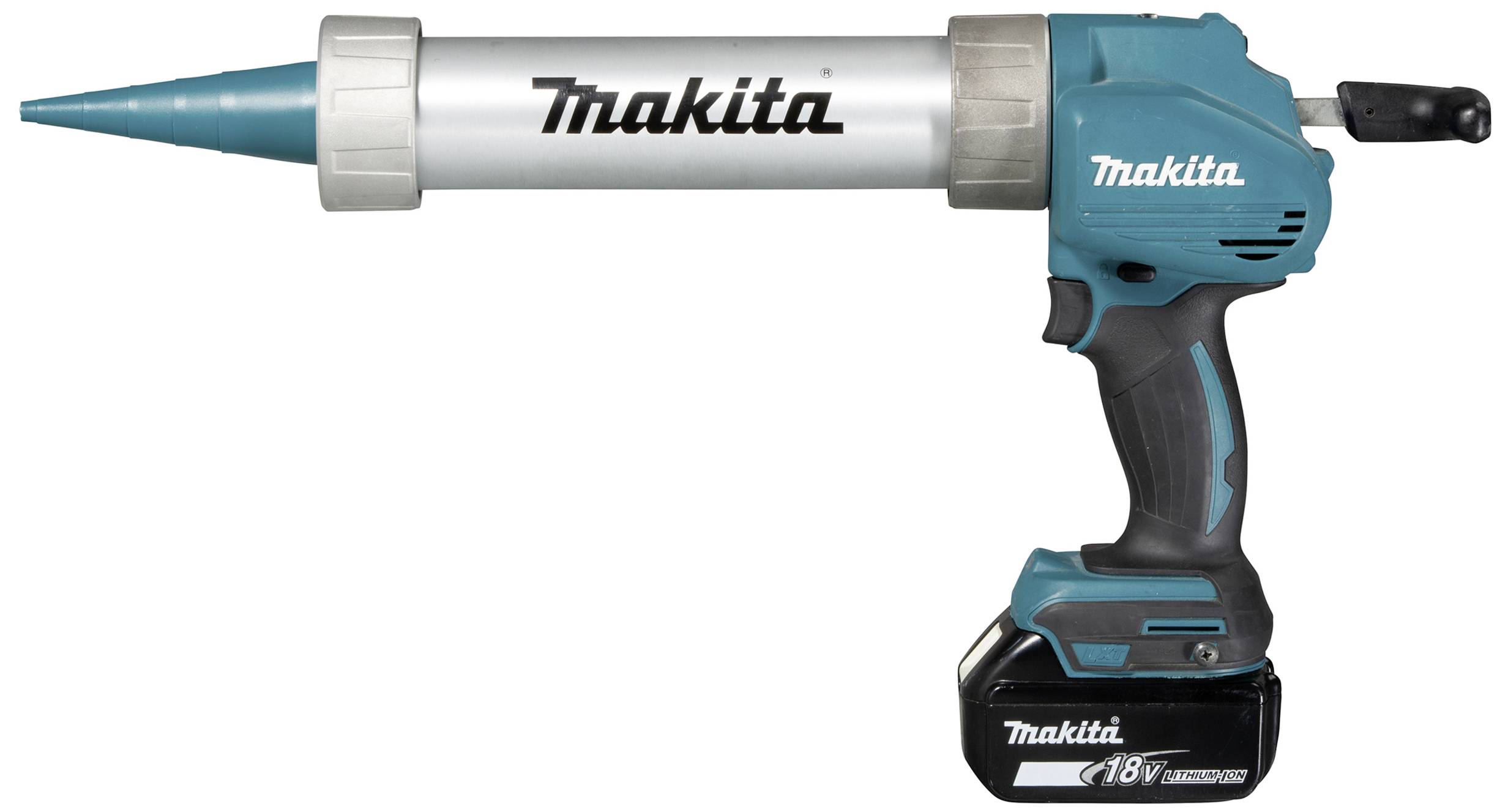 Akku-Kartuschenpresse von Makita in Blau und Silber. Verwendet zur präzisen Anwendung von Dicht- und Klebstoffen.