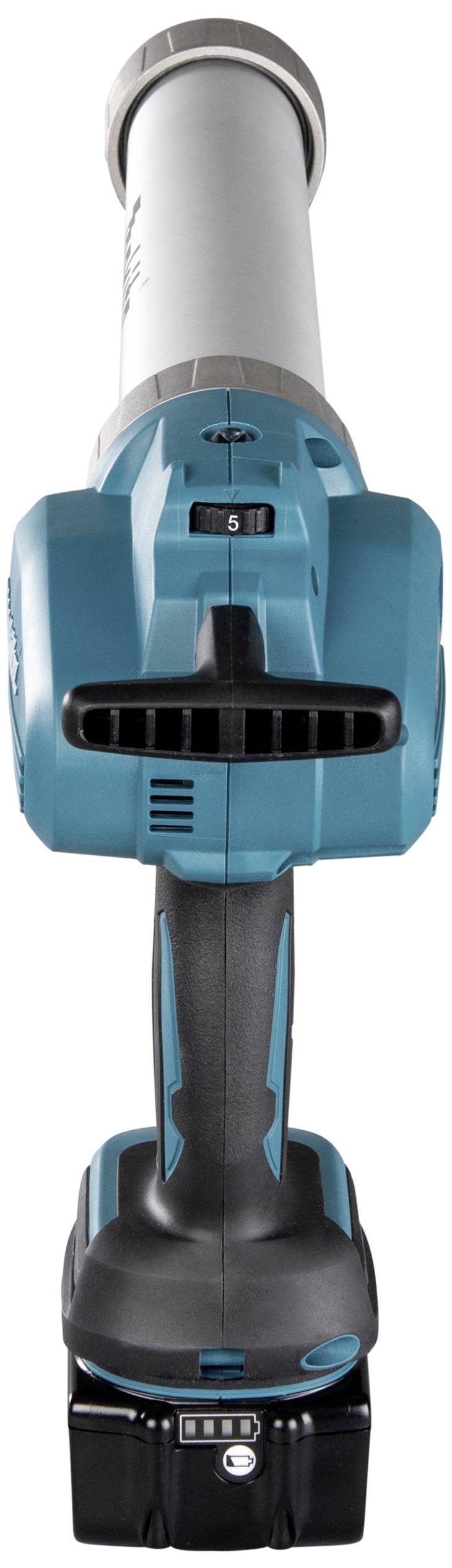 Ein blauer, kabelloser Akku-Laubbläser mit ergonomischem Griff und Aufsatz, geeignet für den Einsatz im Garten oder auf Wegen.