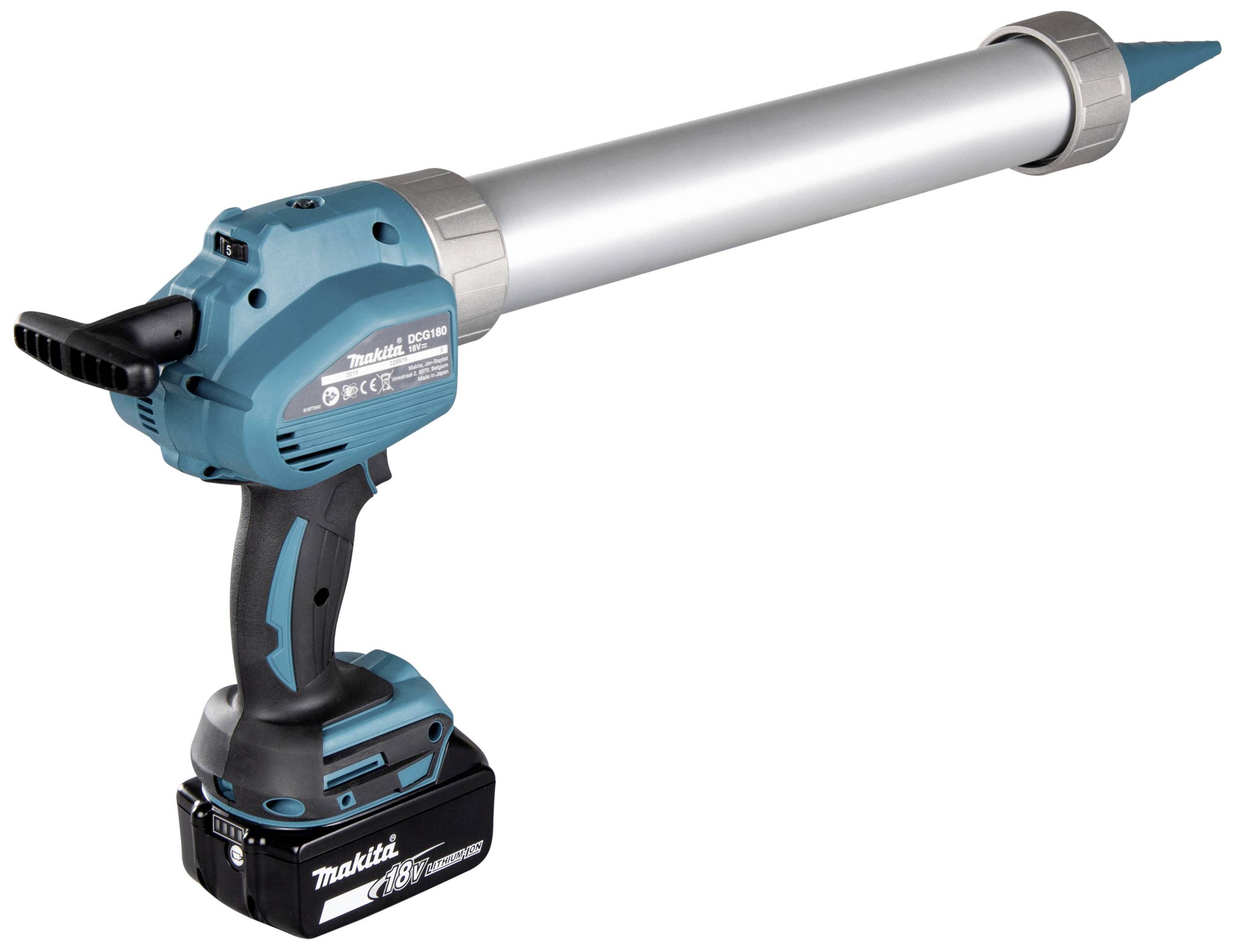 Akkubetriebene Kartuschenpresse in Türkis mit schwarzem Griff und silbernem Aufsatz, geeignet zum einfachen Dosieren von Dichtstoffen.