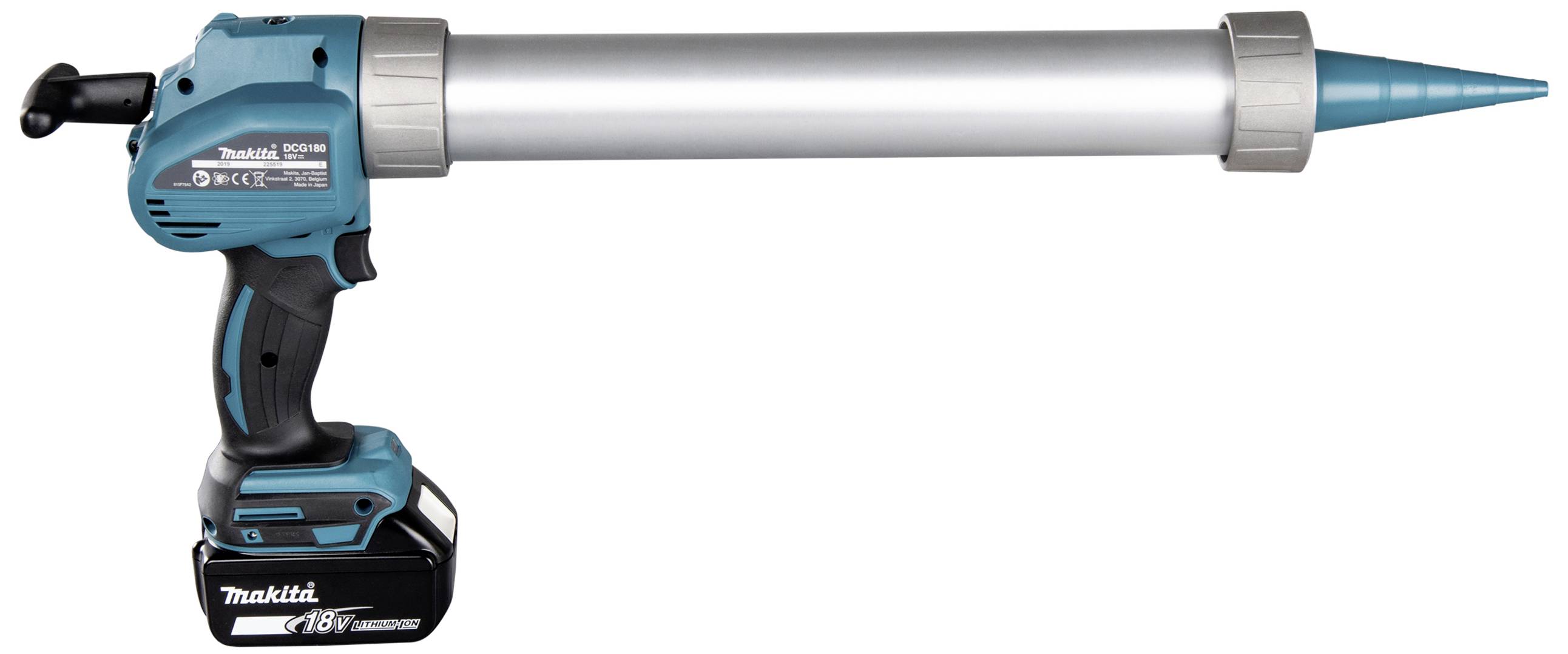 Ein Akku-Kartuschenpistole in Blau und Silber, geeignet für Silikon oder Kleber. Ausgestattet mit einem 18V-Lithium-Ionen-Akku.