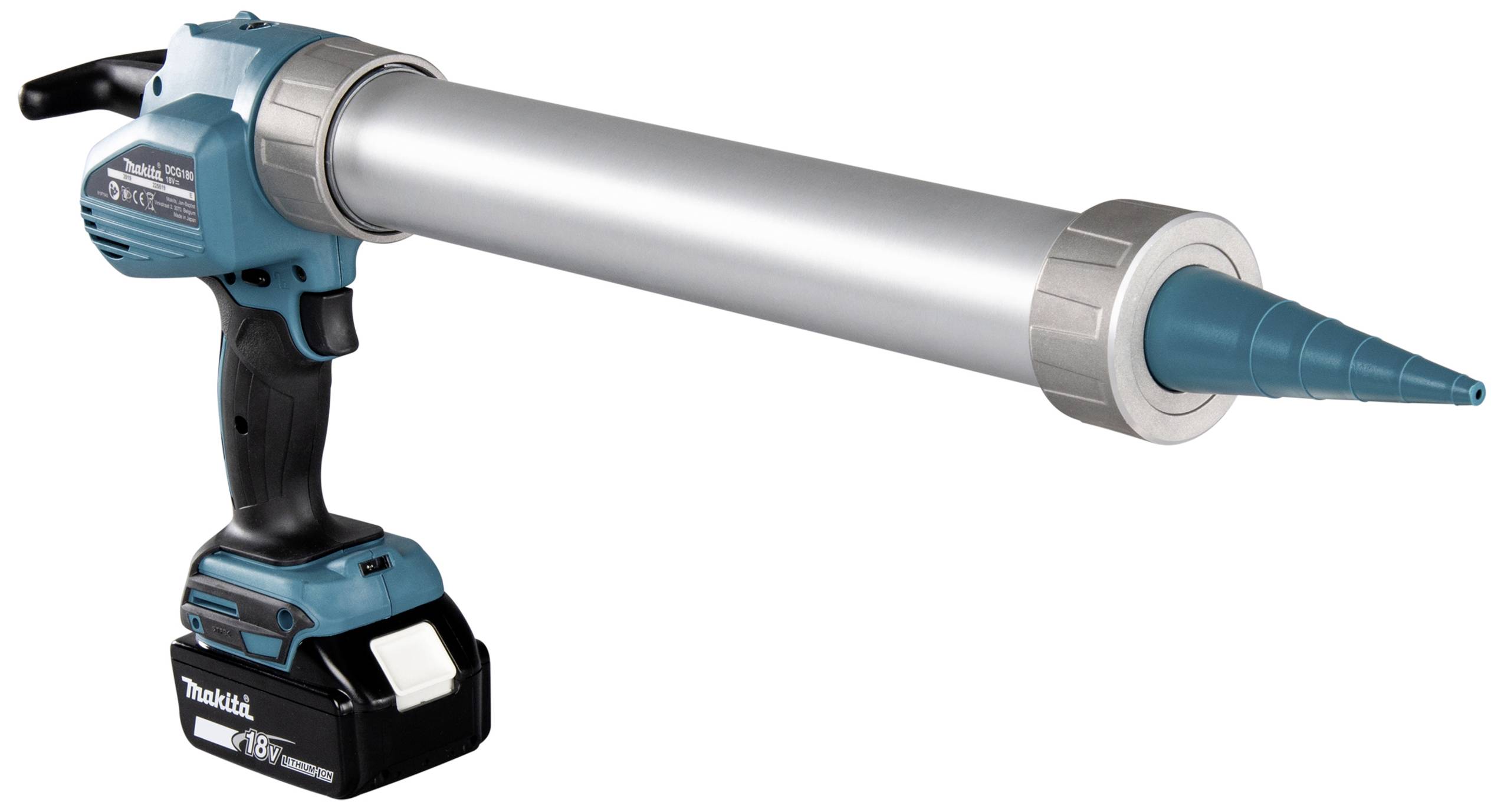 Akku-Kartuschenpistole in Blau und Schwarz mit langem Metallrohr und trichterförmiger Düse, verwendet zum präzisen Auftragen von Dichtstoffen.