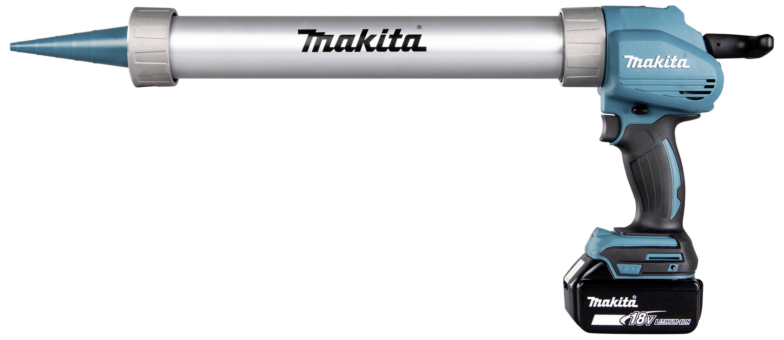 Elektrische Kartuschenpistole mit blauer und silberner Oberfläche, griffbereit, steht aufrecht.