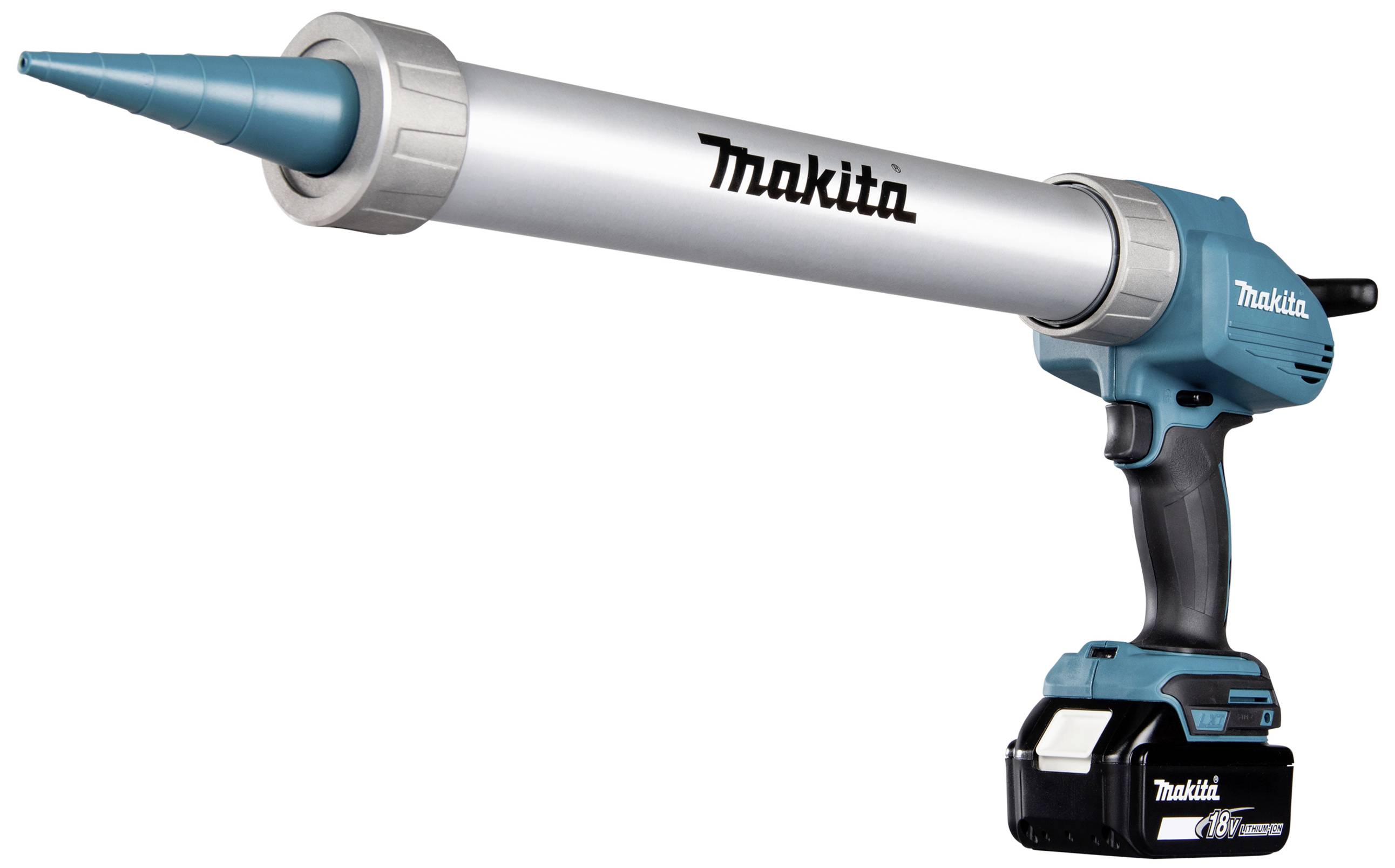 Elektrischer Kartuschenpistole, Marke Makita, in Blau und Silber, mit 18V-Akku. Geeignet für professionelles Abdichten und Kleben.