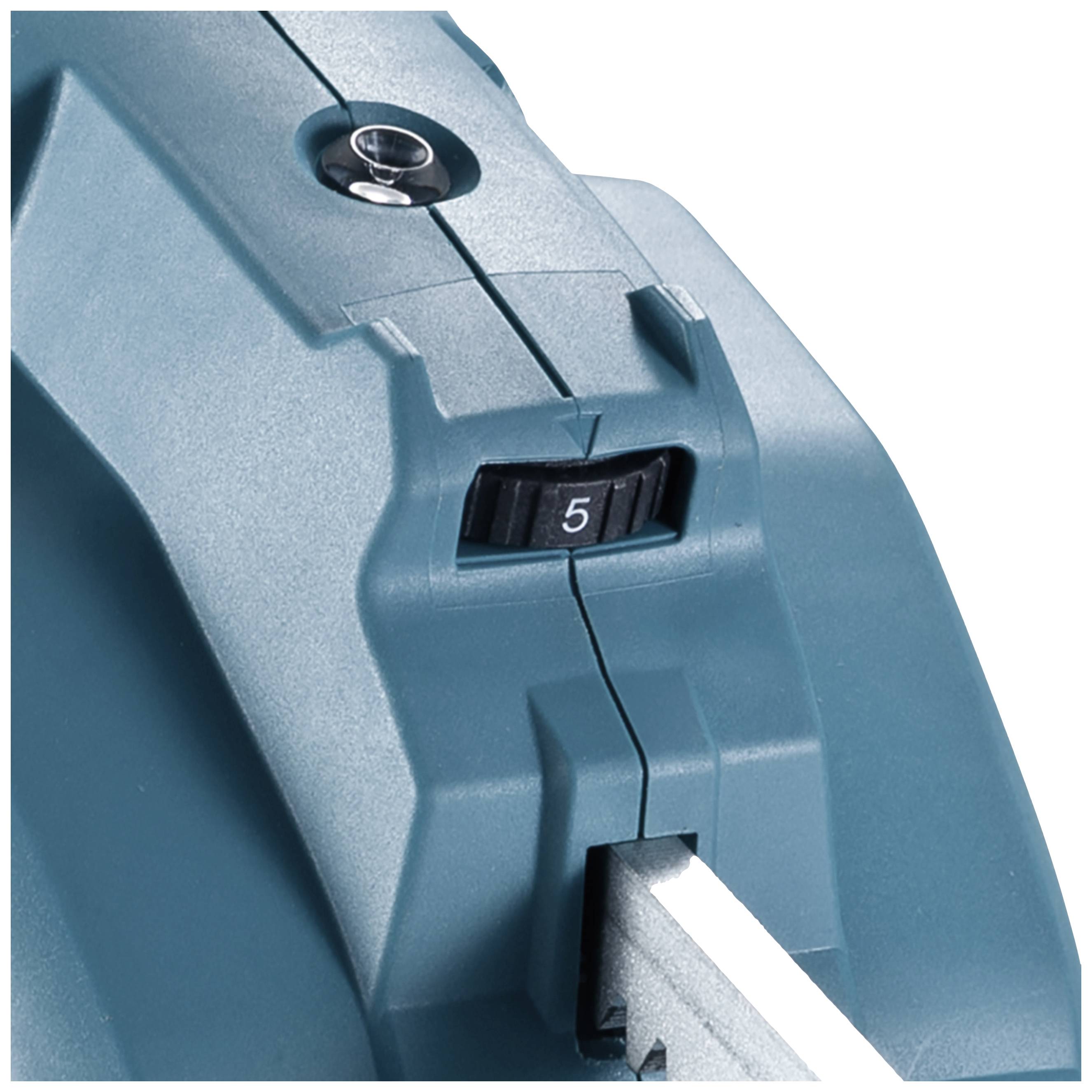 Detailaufnahme eines blauen Elektrowerkzeugs, bei der der Geschwindigkeitsregler mit der Einstellung '5' sichtbar ist.