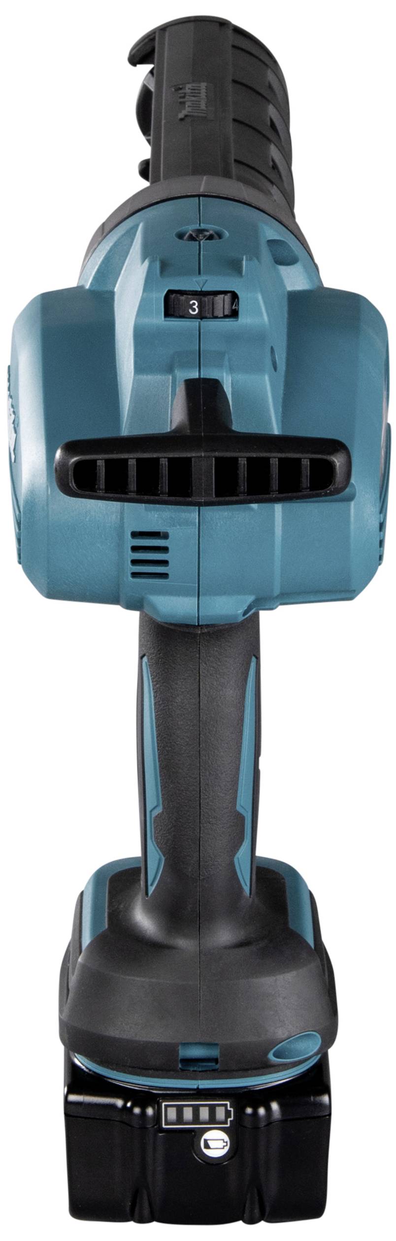 Akku-Laubbläser in blauer Farbe, frontalansicht. Gerät zur Reinigung von Gehwegen und Gärten von Laub. Kompakt und tragbar.