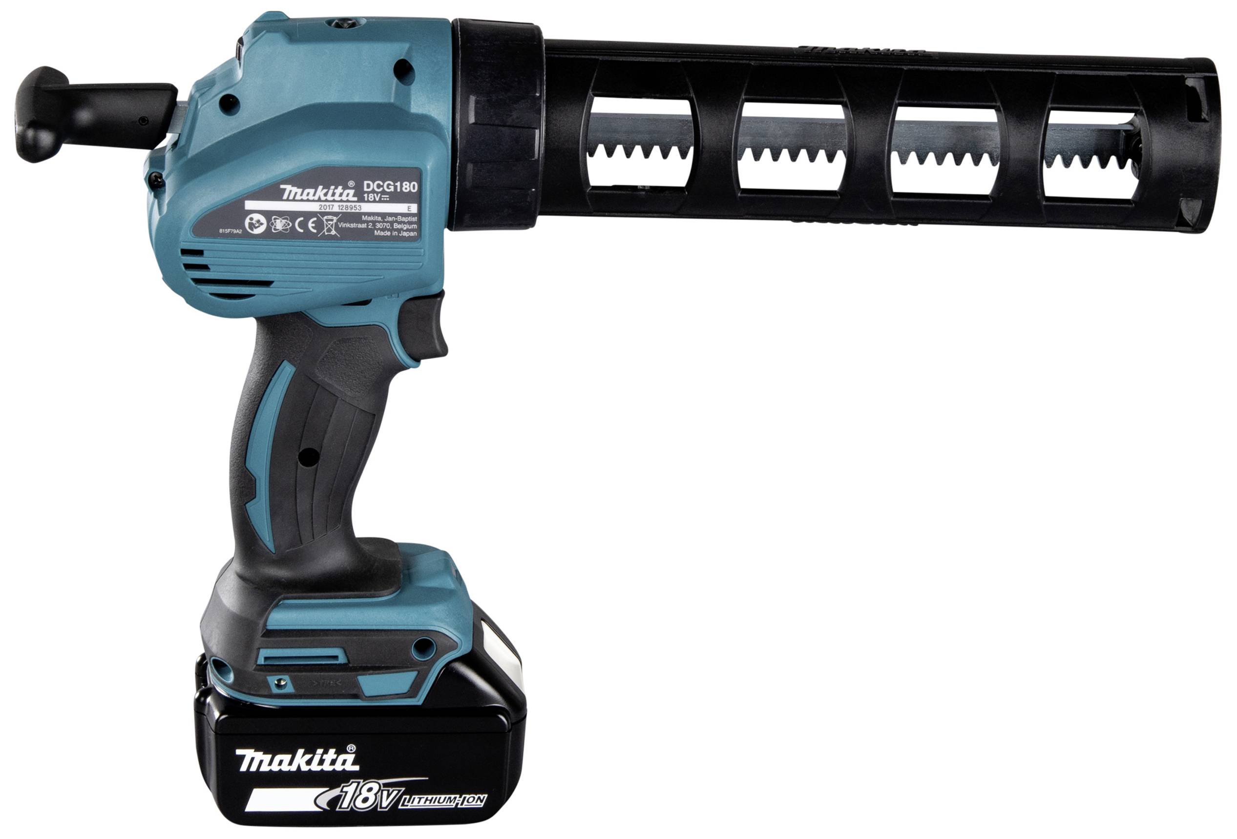 Akkubetriebene Kartuschenpistole in Blau und Schwarz, mit ergonomischem Griff und 18V Batterie, für präzises Dosieren von Klebstoffen.