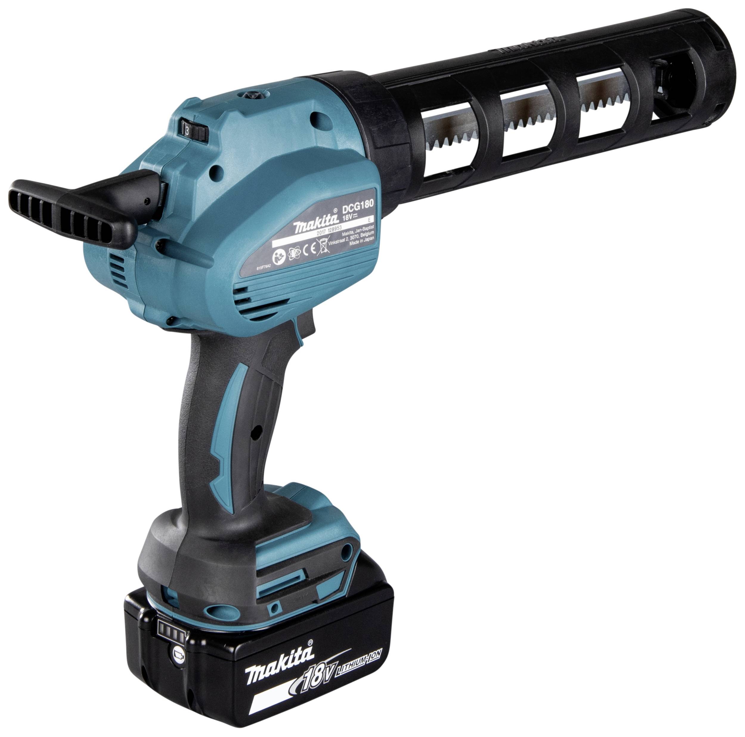 Akkubetriebene Kartuschenpresse in Blau und Schwarz von Makita, Modell DCG180. Entwickelt für den professionellen Einsatz.