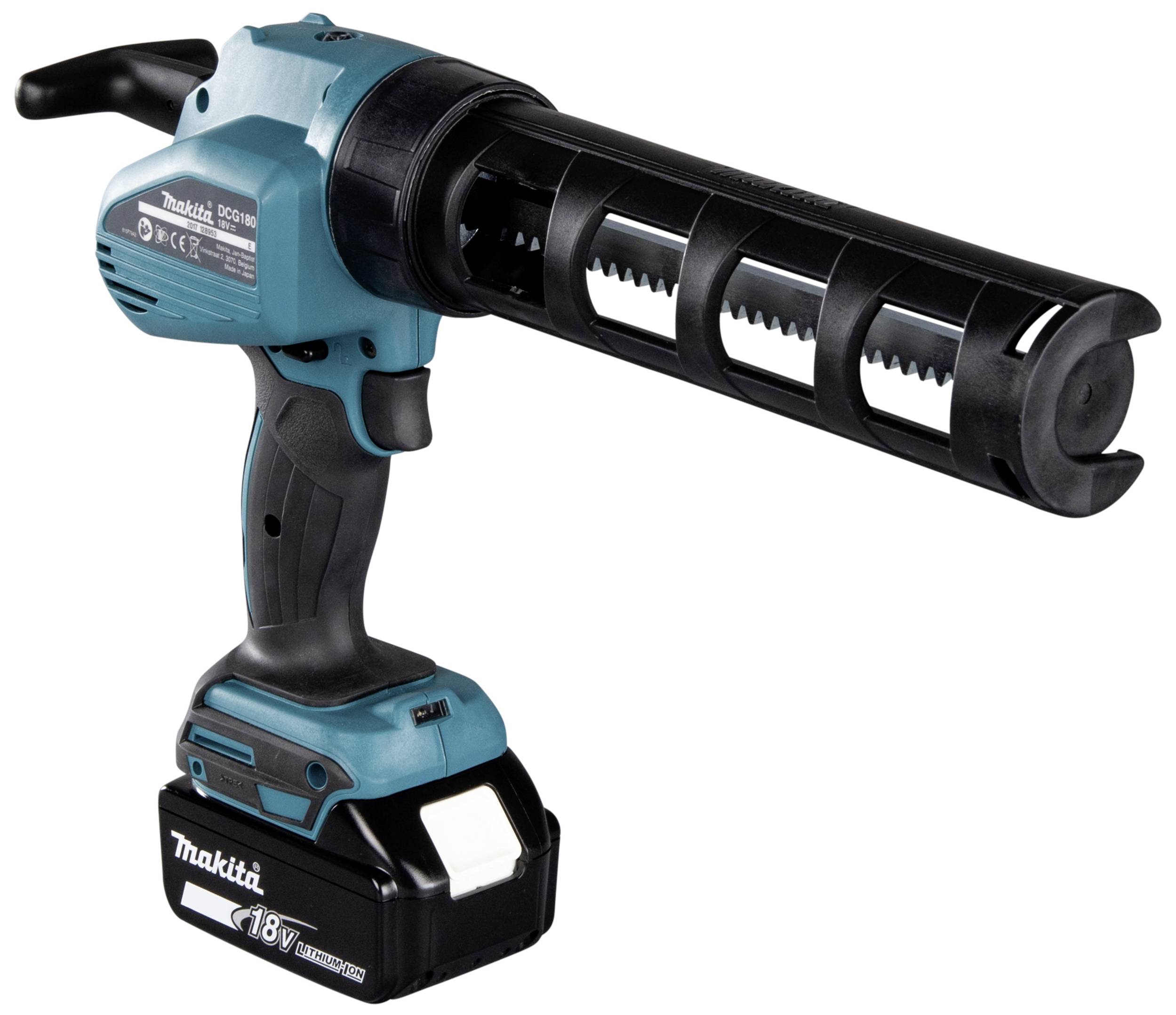 Akkubetriebene Kartuschenpistole, blau-schwarz, mit ergonomischem Griff und austauschbarem Akku, ideal für präzises Verfugen.