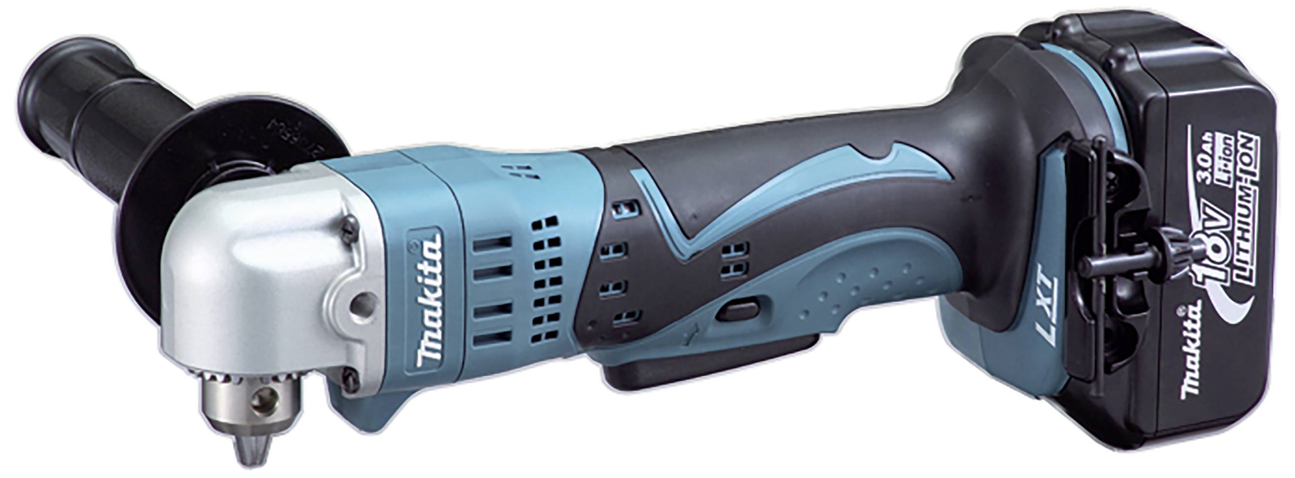 Akkuschrauber von Makita mit seitlichem Griff und austauschbarem Akku, im Design mit Türkis und Schwarz. Geeignet für Bohrarbeiten.