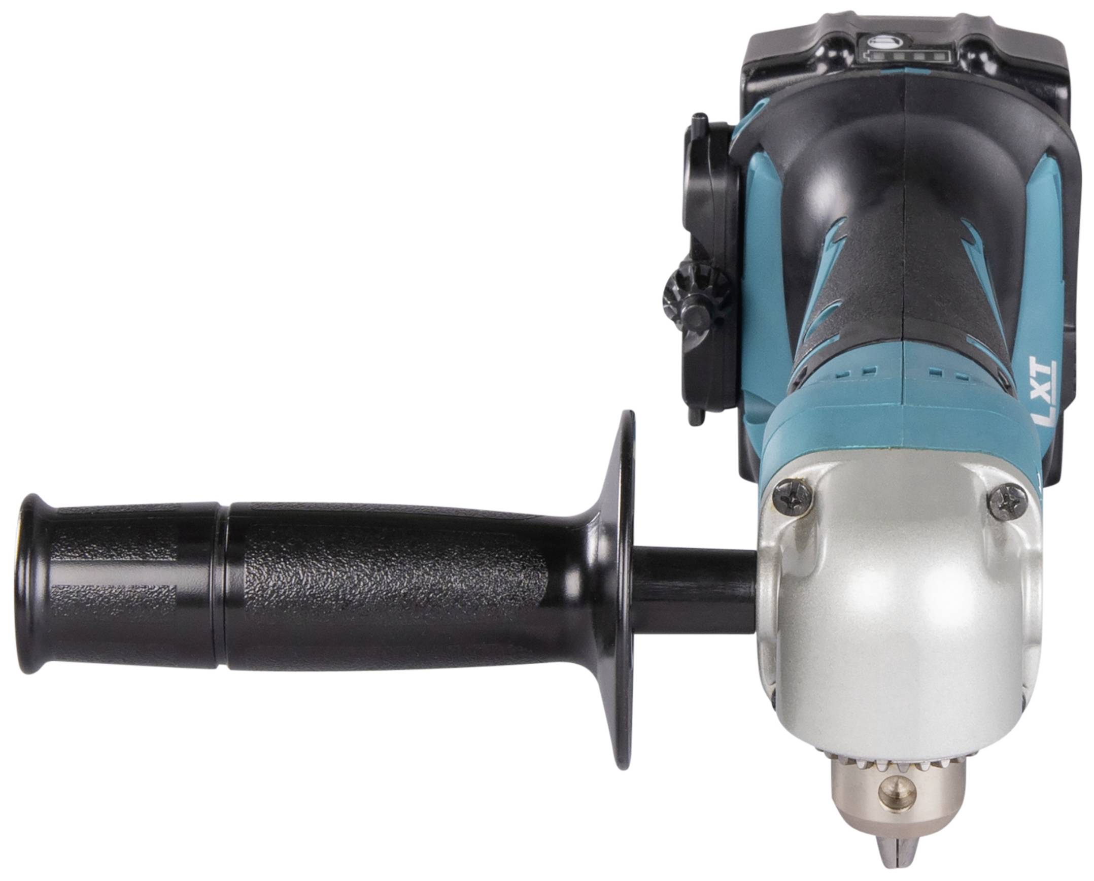 Ein elektrischer Bohrschrauber mit einem Zusatzgriff, schwarz und blau, von oben betrachtet. Ideal für Heimwerkerprojekte.