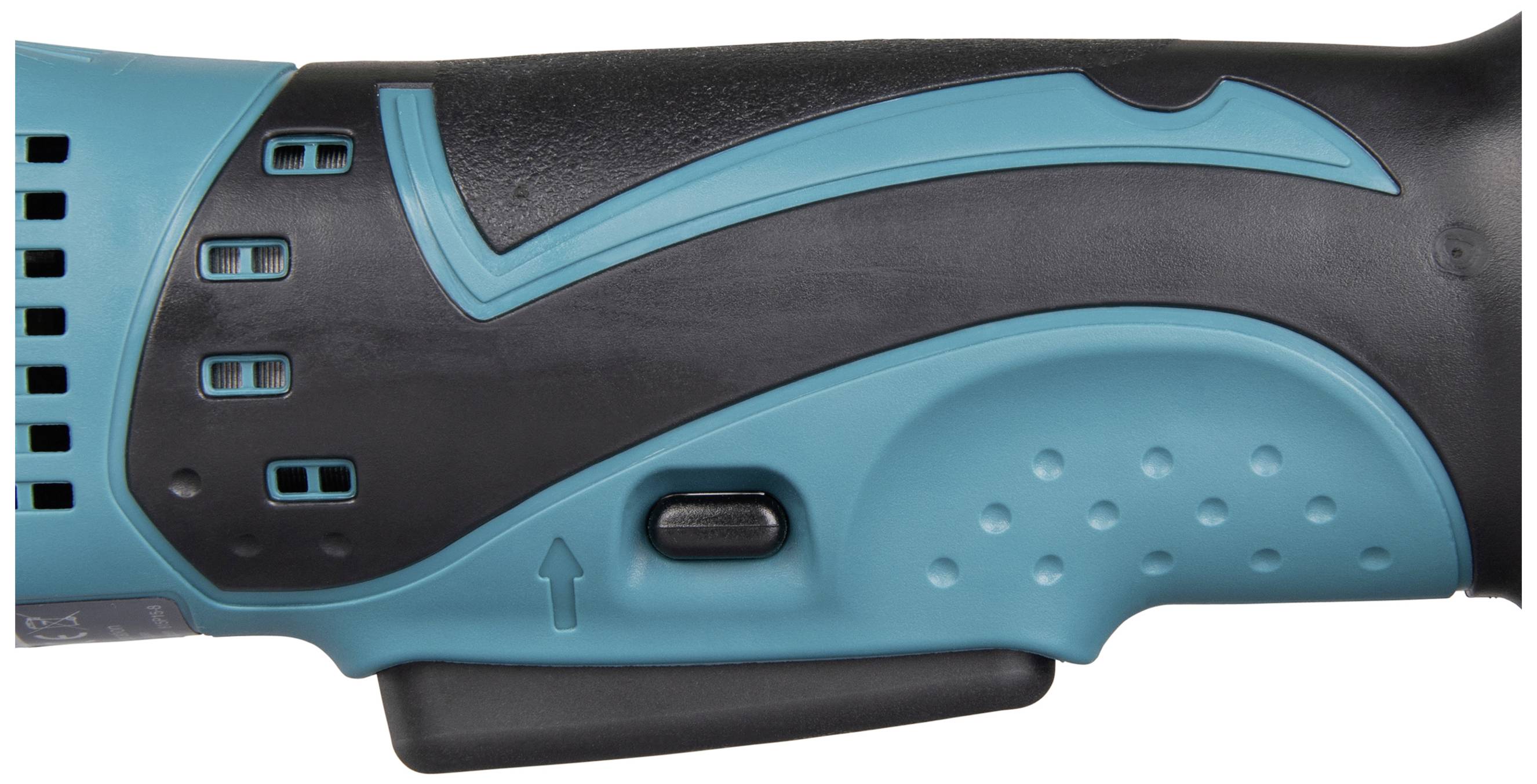 Griff eines elektrischen Werkzeugs, blau-schwarz, mit Gummierung und Lüftungsschlitzen, zeigt ergonomisches Design.
