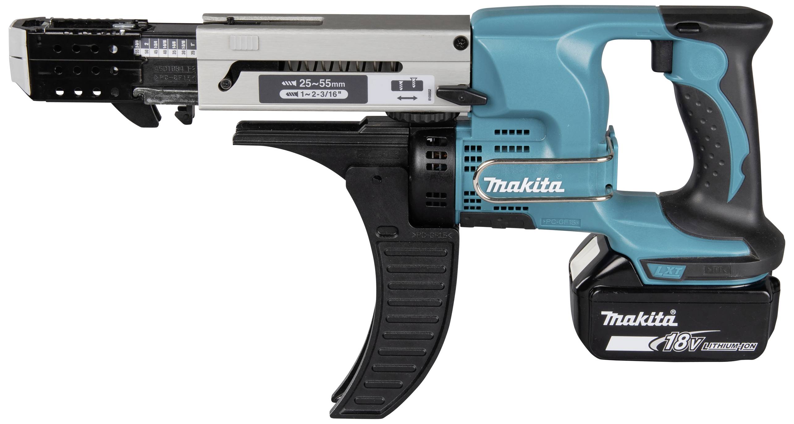 Akkuschrauber mit blauem Gehäuse und schwarzem Griff, geeignet für Schrauben von 25-55 mm Länge. Markenname 'Makita' ist sichtbar.