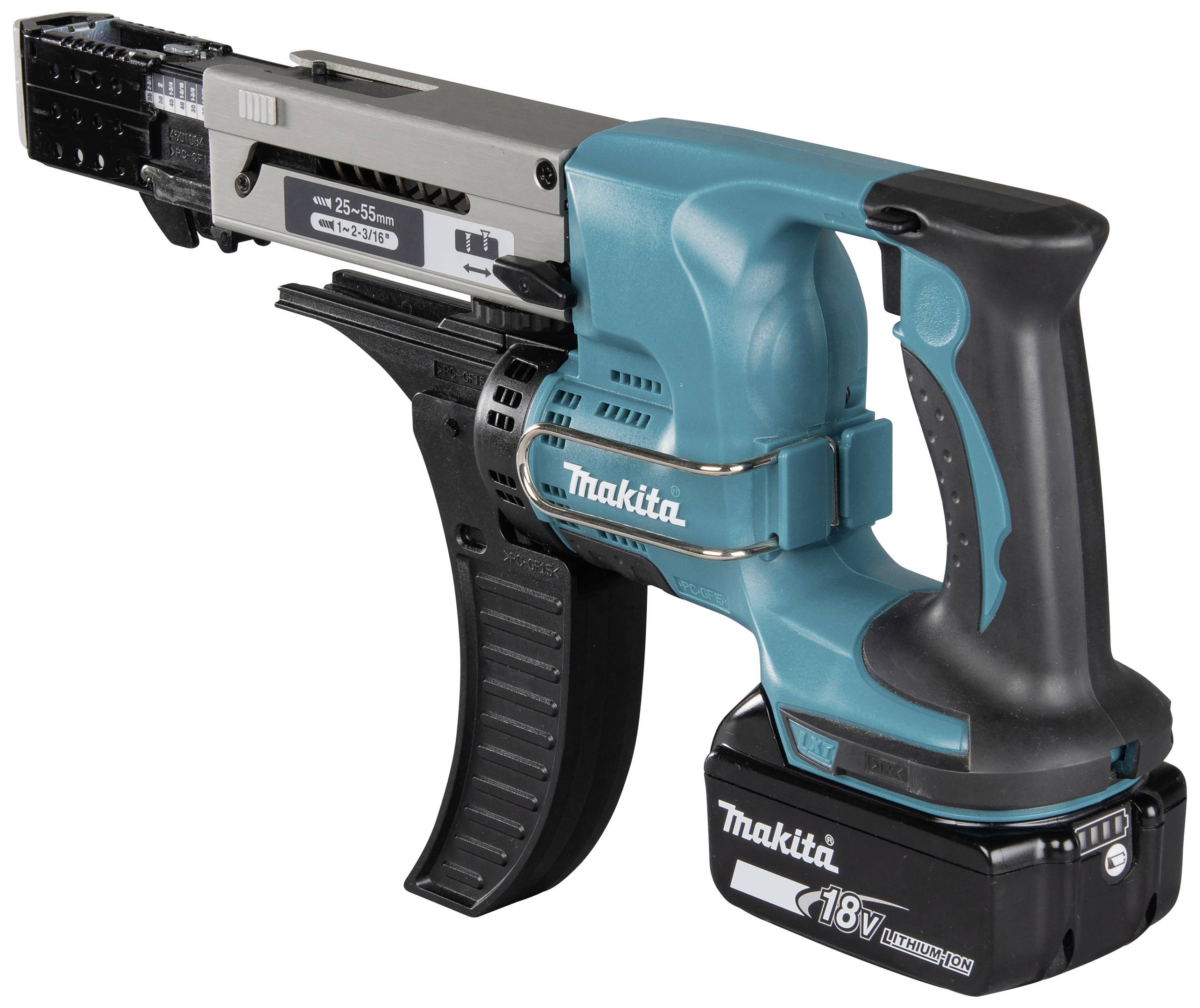 Ein kabelloser, blauer und schwarzer Makita-Akku-Schrauber mit 18V Lithium-Ionen-Batterie, geeignet für Bauarbeiten.