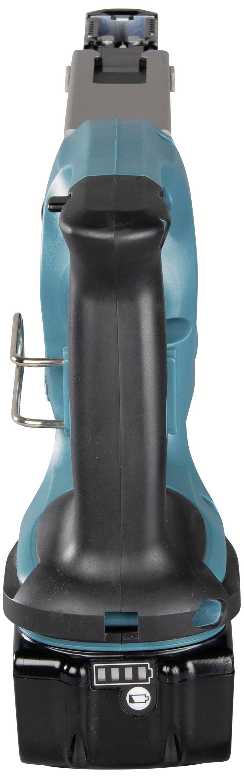 Eine blaue und schwarze Akku-Stichsäge mit ergonomischem Griff, abgebildet von oben. Ideal für schnelle Schnitte ohne Kabel.