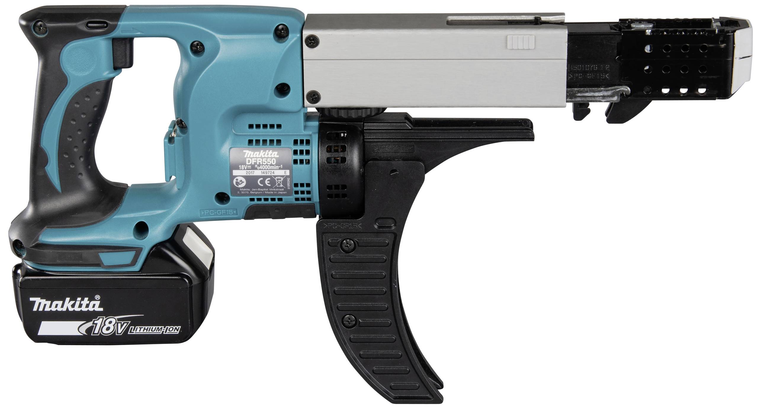 Akkuschrauber in Blau und Schwarz mit 18V-Lithium-Ionen-Batterie, Griff und Magazin für Schrauben, Herstellerlogo auf der Batterie.