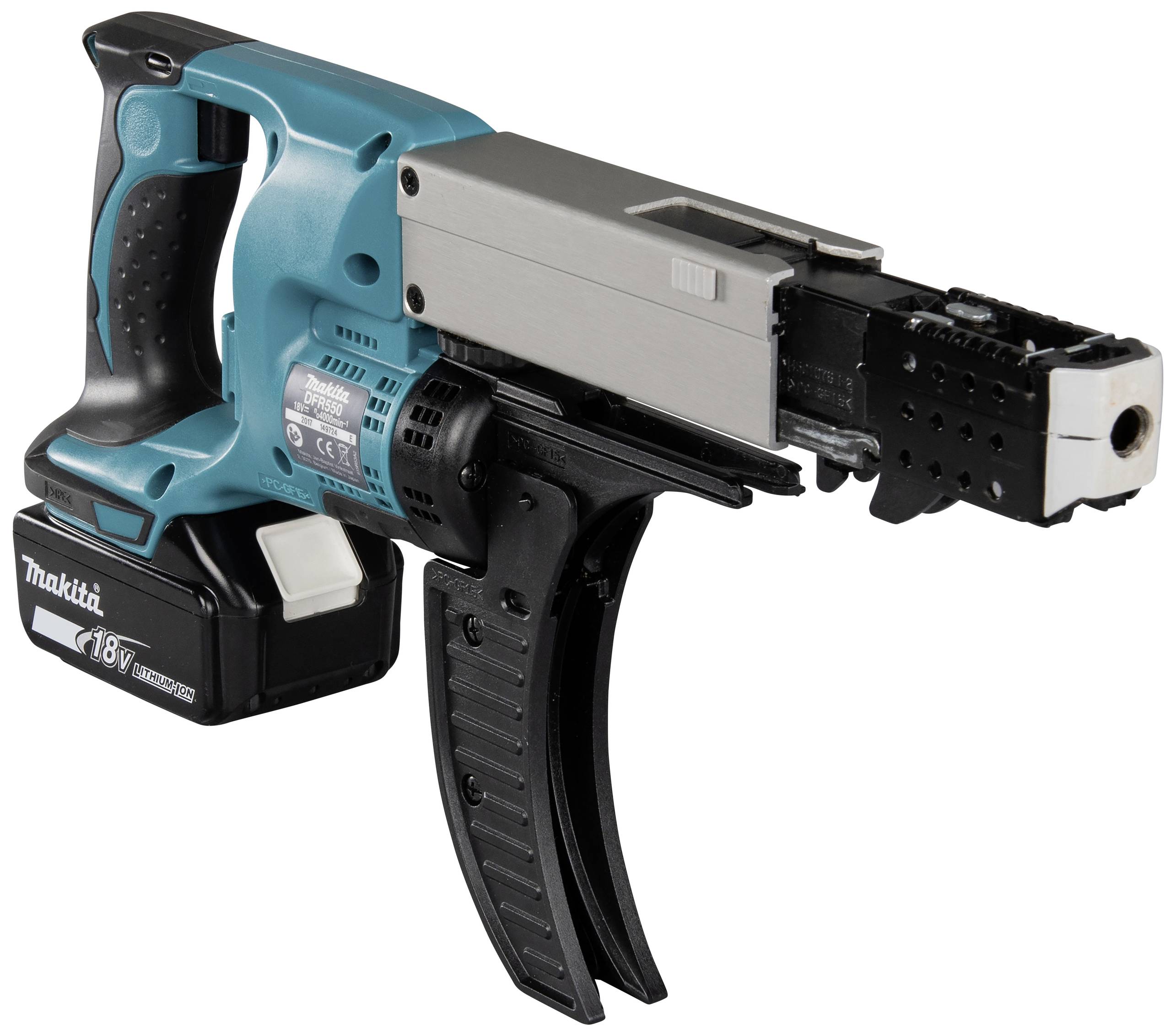 Elektrischer Akkuschrauber in Türkis mit schwarzem Griff, 18V-Akku, ausgefahrenem Schraubenmagazin, geeignet für Trockenbauarbeiten.