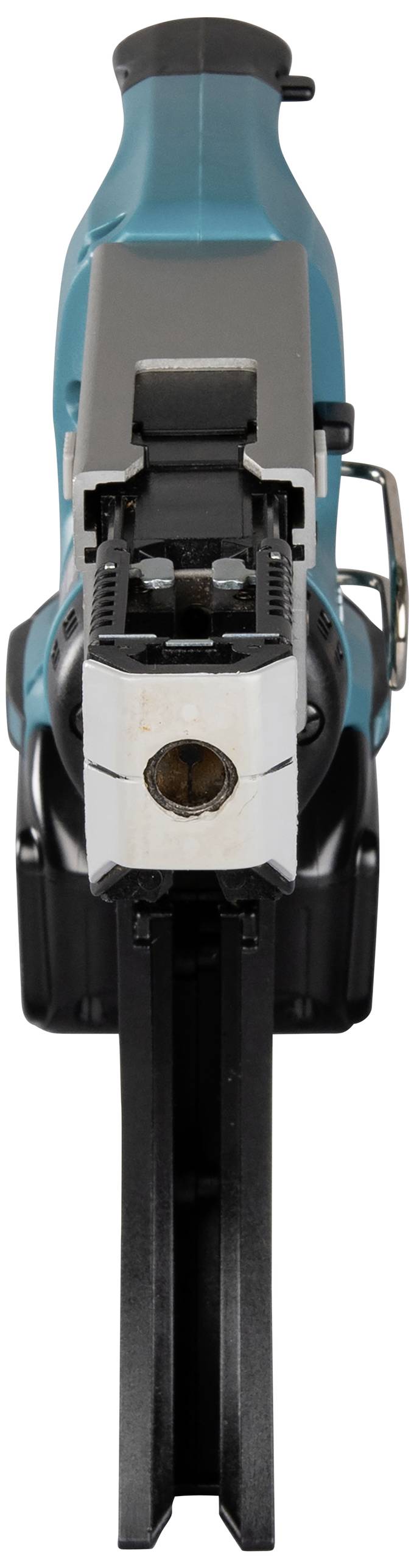 Elektrisches Handwerkzeug in blauer Farbe, frontal abgebildet. Es zeigt einen Metallschneidebereich mit schwarzem Griff hinten.