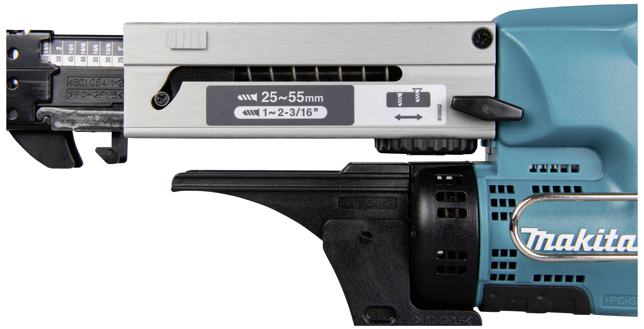 Nahaufnahme eines blauen Elektrowerkzeugs. Links befindet sich ein Schieberegler mit aufgedruckten Maßen '25–55 mm'. Rechts ist ein Markenname sichtbar.