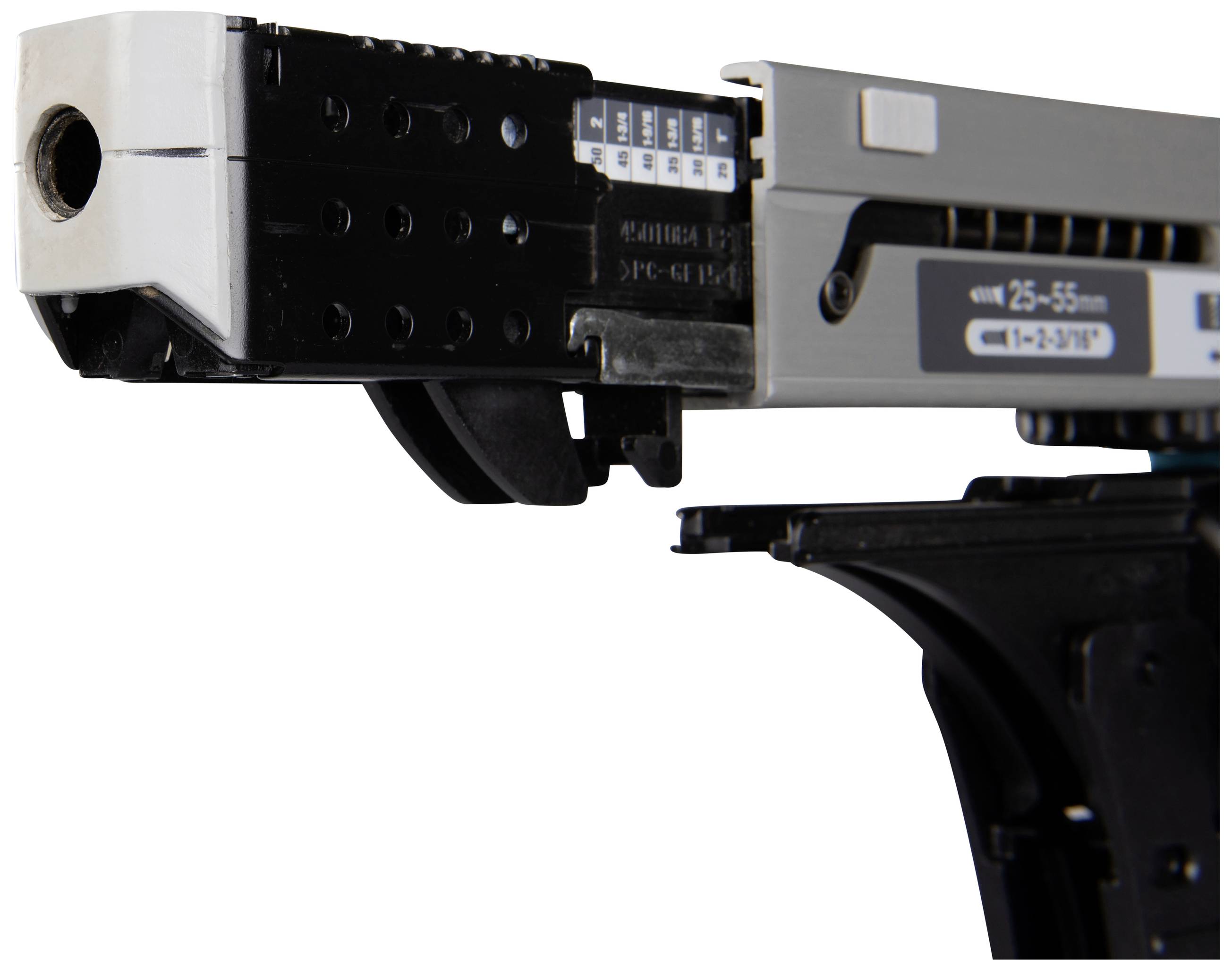 Ein Detailfoto eines Werkzeugs mit einer Skalenanzeige von 25-55 mm und einem Kontrollhebel. Das Gerät ist teilweise ausgezogen.