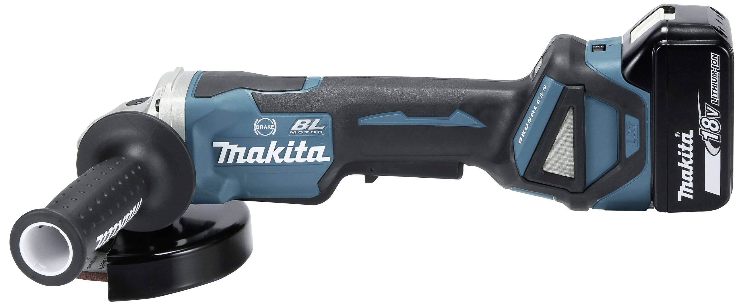 Akkubetriebener Winkelschleifer, Modell in blau-schwarzem Design mit seitlichem Griff und 18V Lithium-Ionen-Akku.