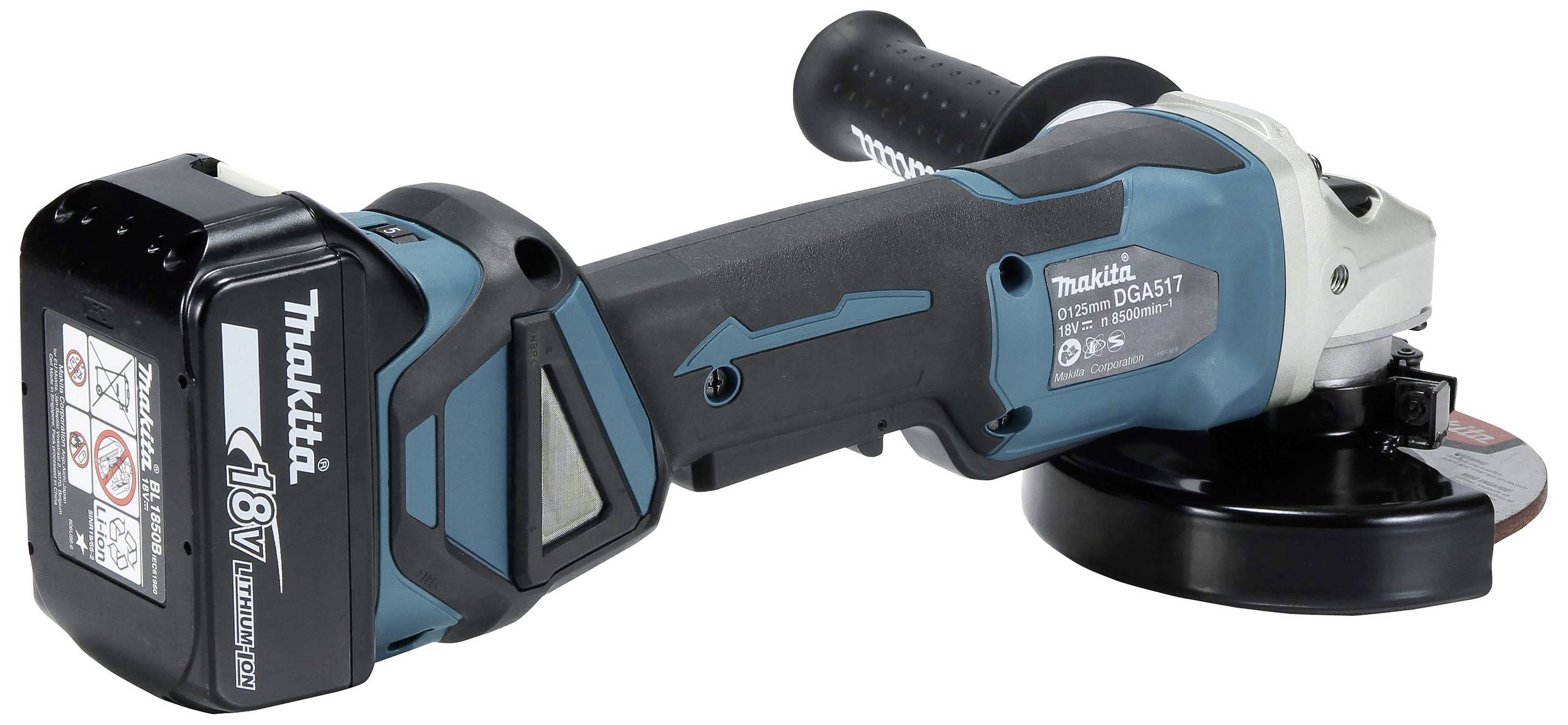 Ein kabelloser Winkelschleifer mit Makita-Logo, 18V Akku und blau-schwarzem Gehäuse. Geeignet für Metallschneiden und Schleifen.