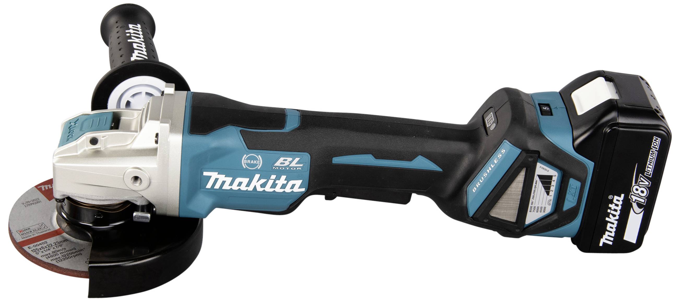 Akkubetriebener Winkelschleifer von Makita, Modell mit 18V-Batterie und ergonomischem Griff, geeignet für Schleif- und Schneidaufgaben.
