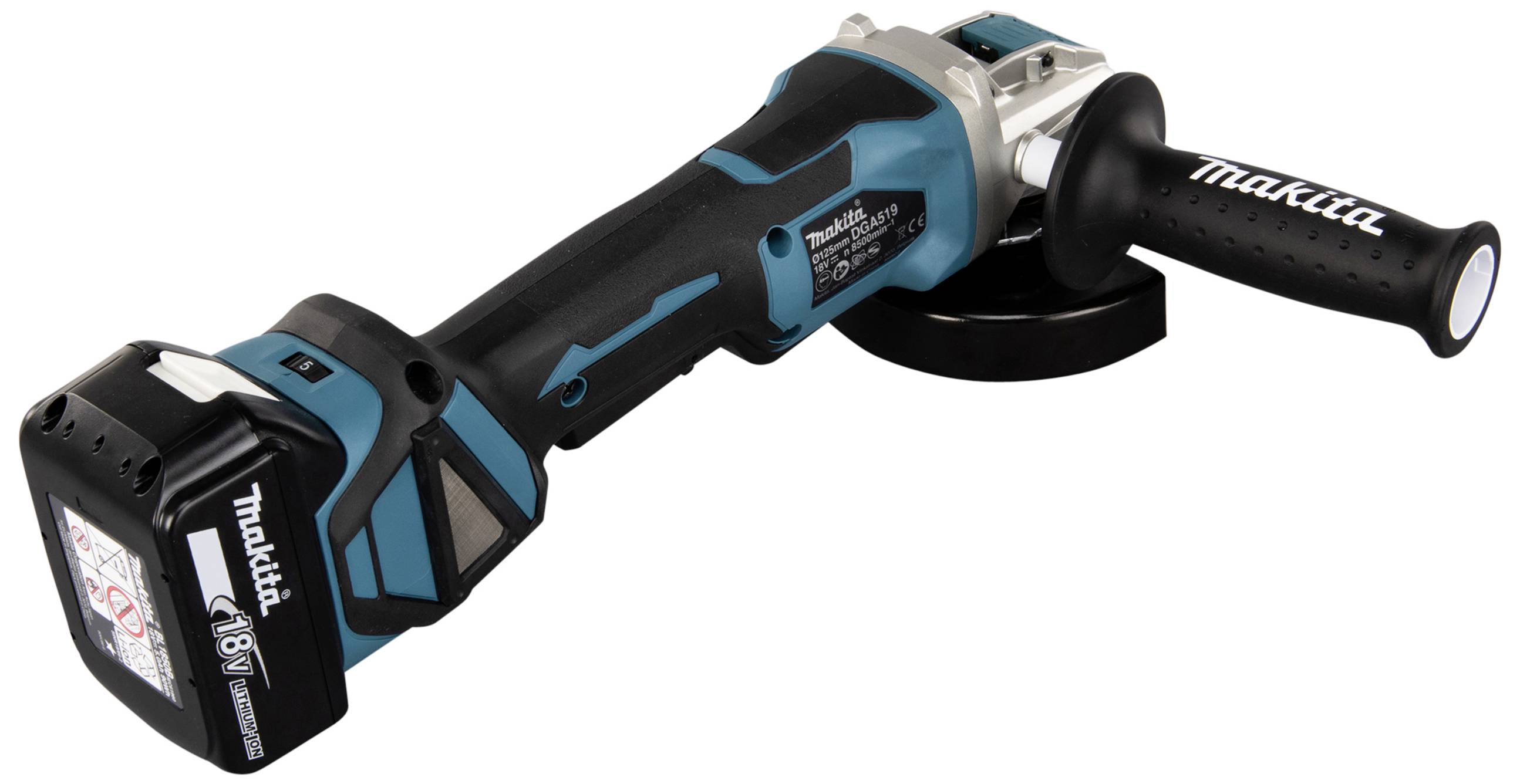 Akkubetriebener Winkelschleifer mit blau-schwarzem Gehäuse und Makita-Logo auf dem Griff.