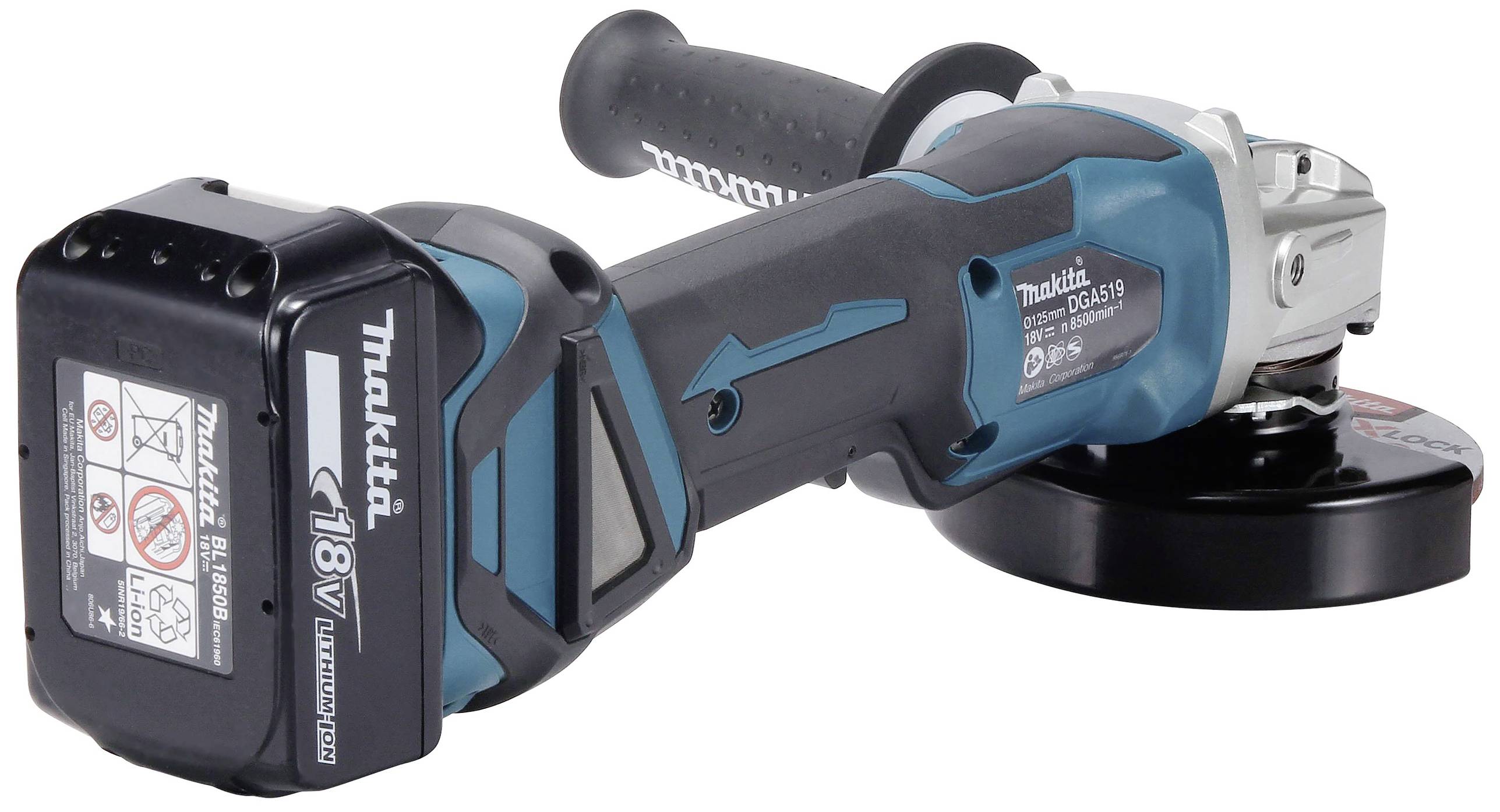 Ein kabelloser Winkelschleifer von Makita mit 18V-Akku, ergonomischem Griff und Schleifscheibe, vor weißem Hintergrund platziert.