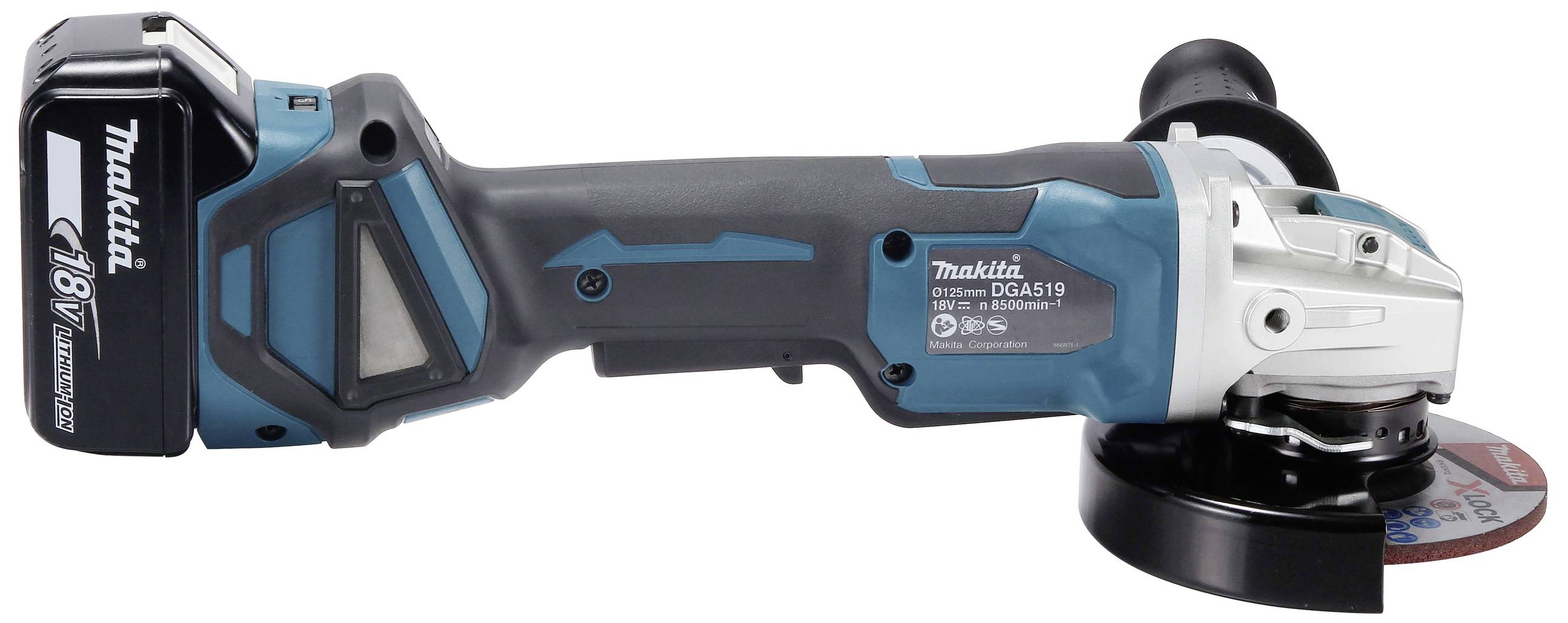 Ein blauer und schwarzer, batteriegetriebener Winkelschleifer von Makita, Modell DGA519, mit 18V Akku, leicht seitlich gezeigt.