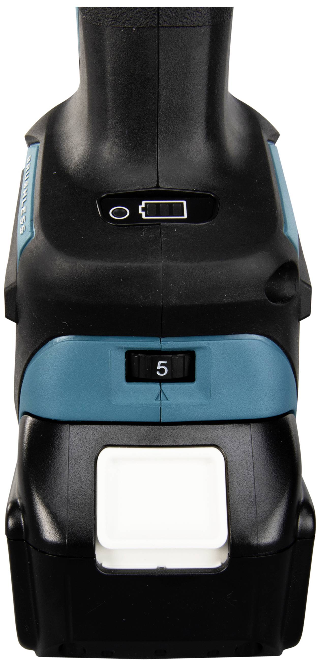 Akku-Rasenmäher in Schwarz und Blau, zeigt den Ladezustand und die Stufeneinstellung '5' auf der Vorderseite.