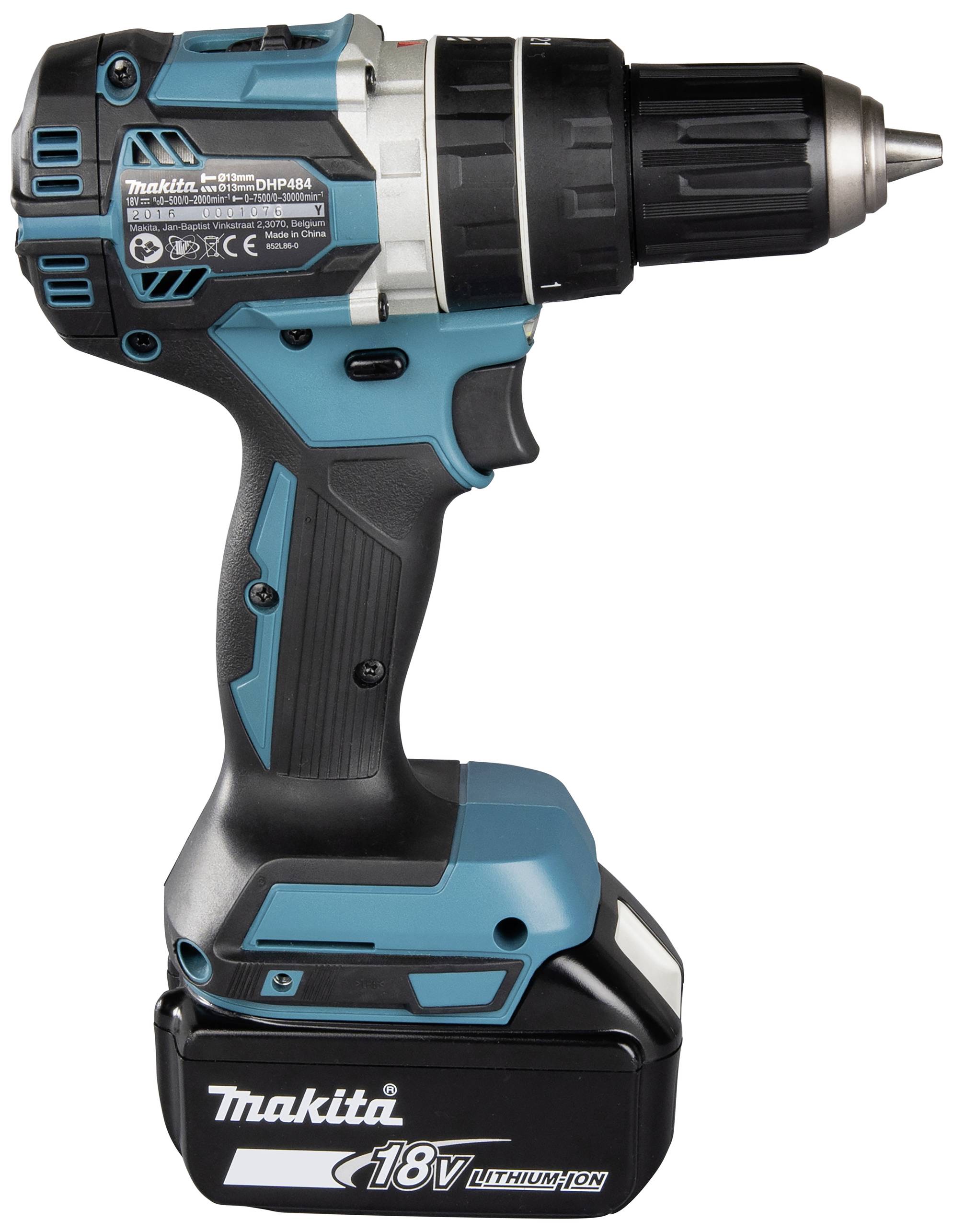 Ein blauer und schwarzer Akku-Bohrschrauber mit 18V Lithium-Ionen-Akku von Makita.