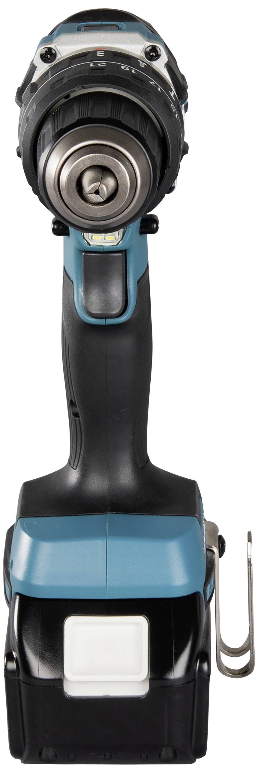 Akkuschrauber, schwarz-blau, frontalansicht, zeigt Bohrfutter und ergonomischen Griff. Geeignet für Heimwerkerarbeiten.