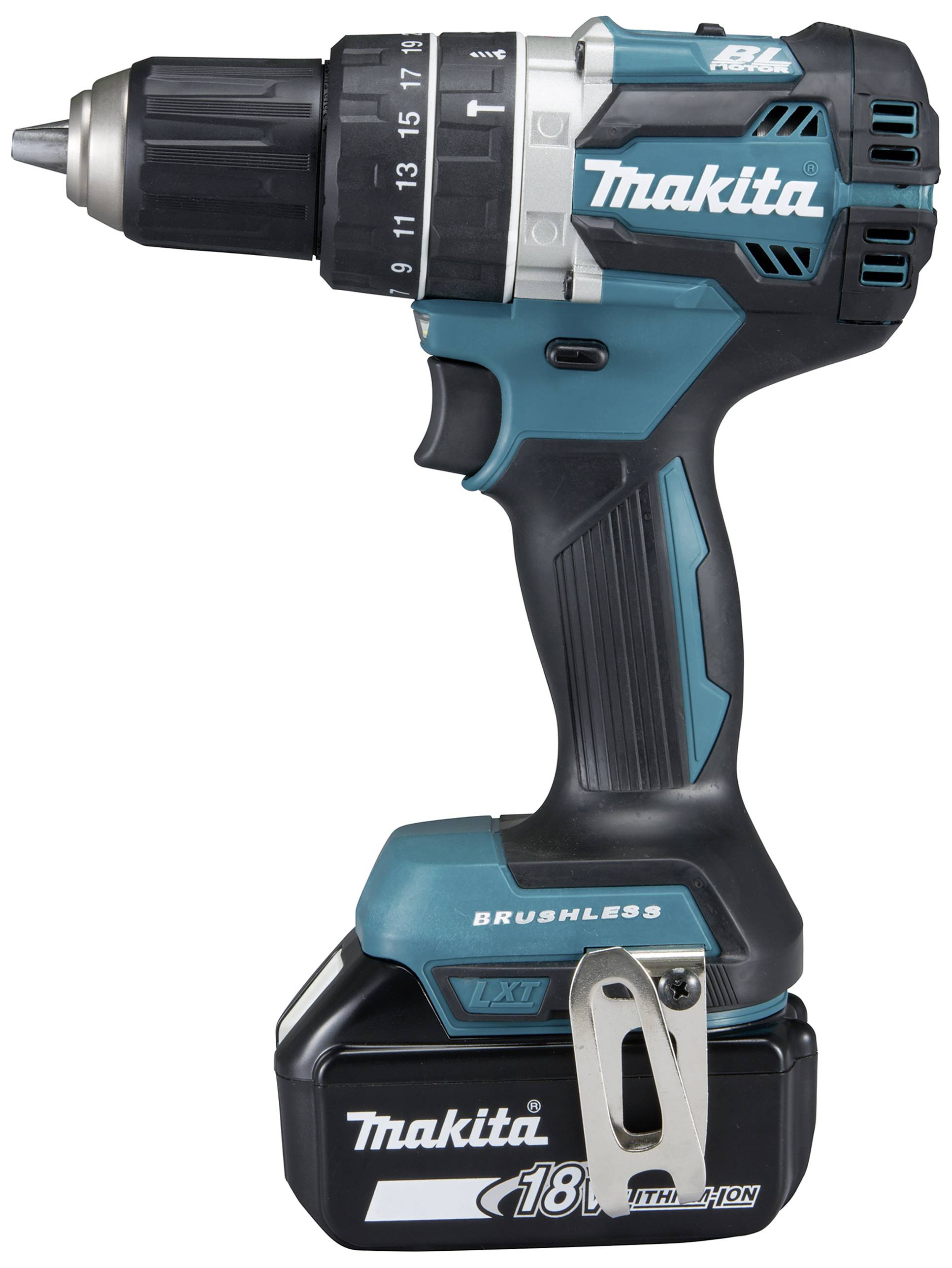 Bohrmaschine in Schwarz und Blau, Akku-betrieben. Markenlogo 'Makita' sichtbar. Geeignet für Heimwerkerarbeiten.