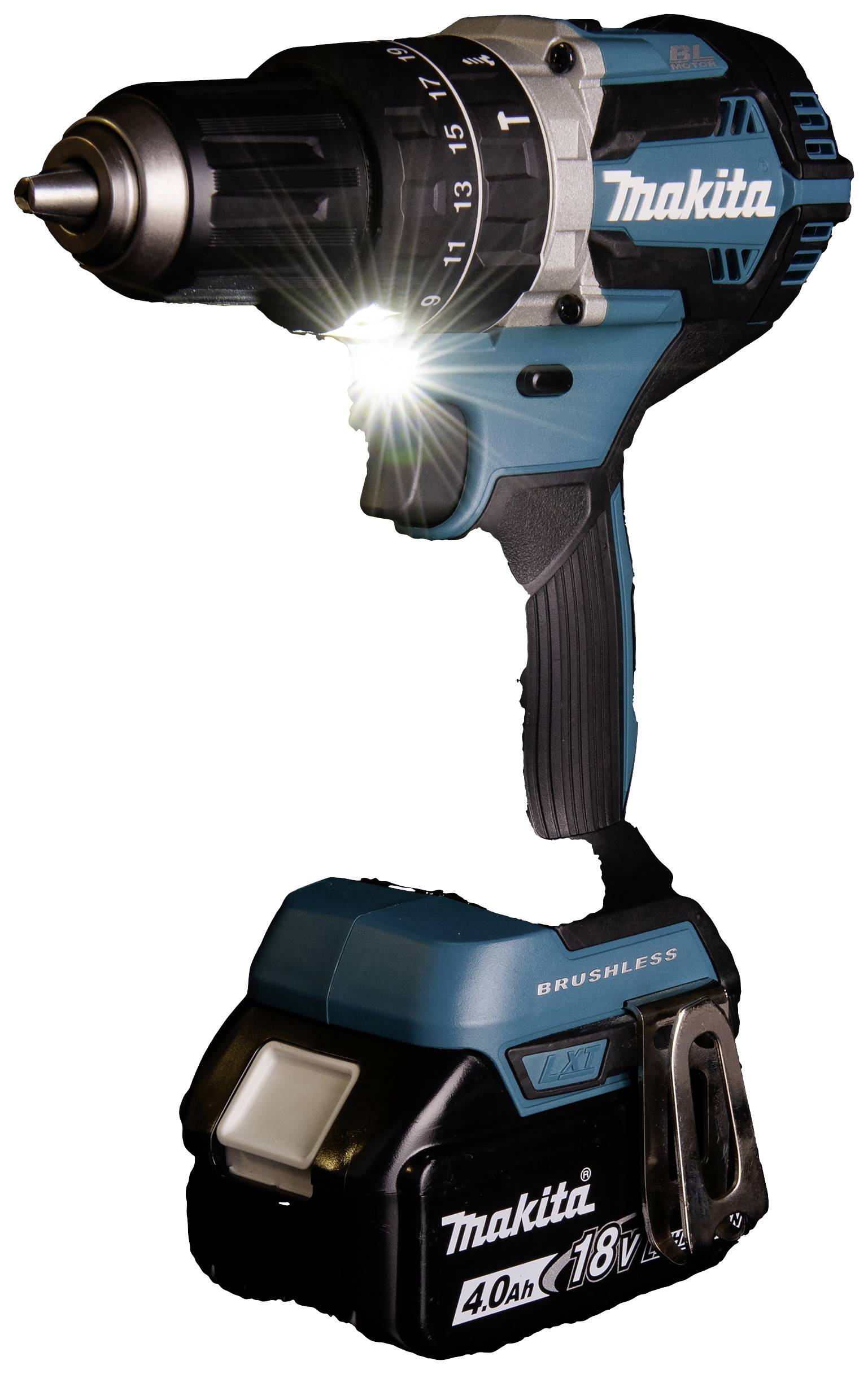 Ein kabelloser, blau-schwarzer Akkuschrauber von Makita mit einem 18V 4,0Ah Akku, der für Bohr- und Schraubarbeiten verwendet wird.