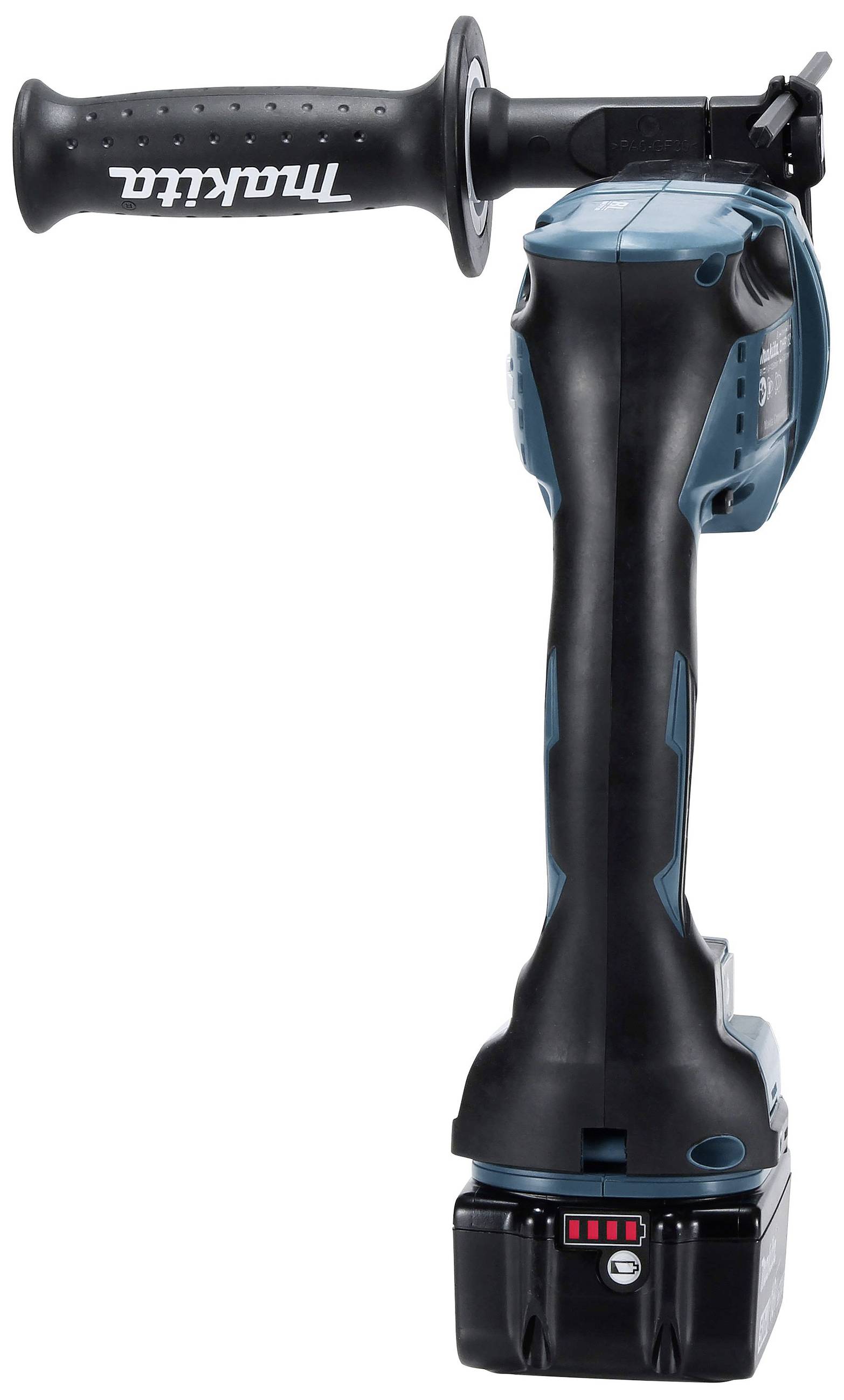 Akku-Winkelschleifer von hinten mit Griff und LED-Batterieanzeige.