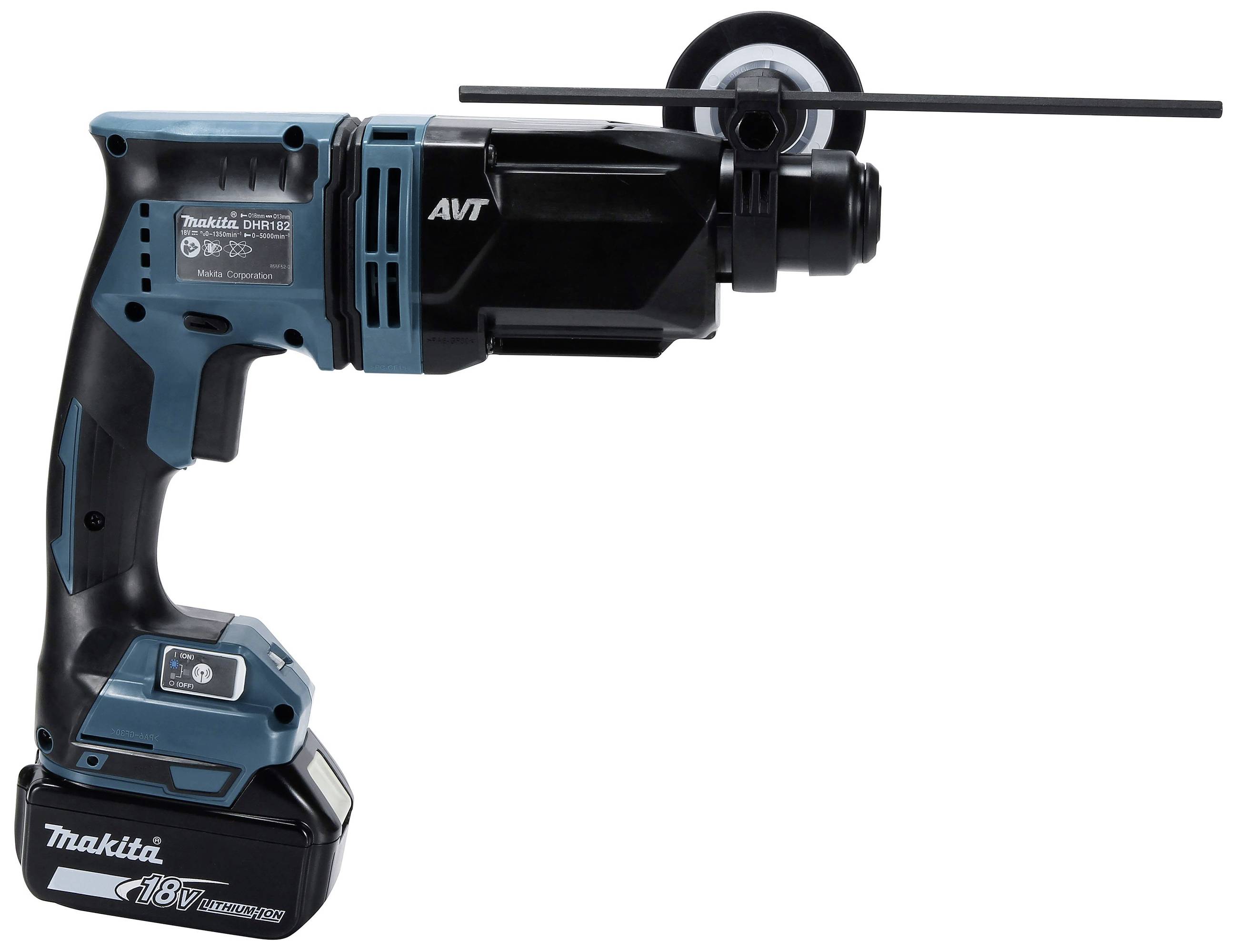 Akkubohrhammer in Schwarz-Blau mit rotem Handgriff, zeigt seitliche Ansicht.