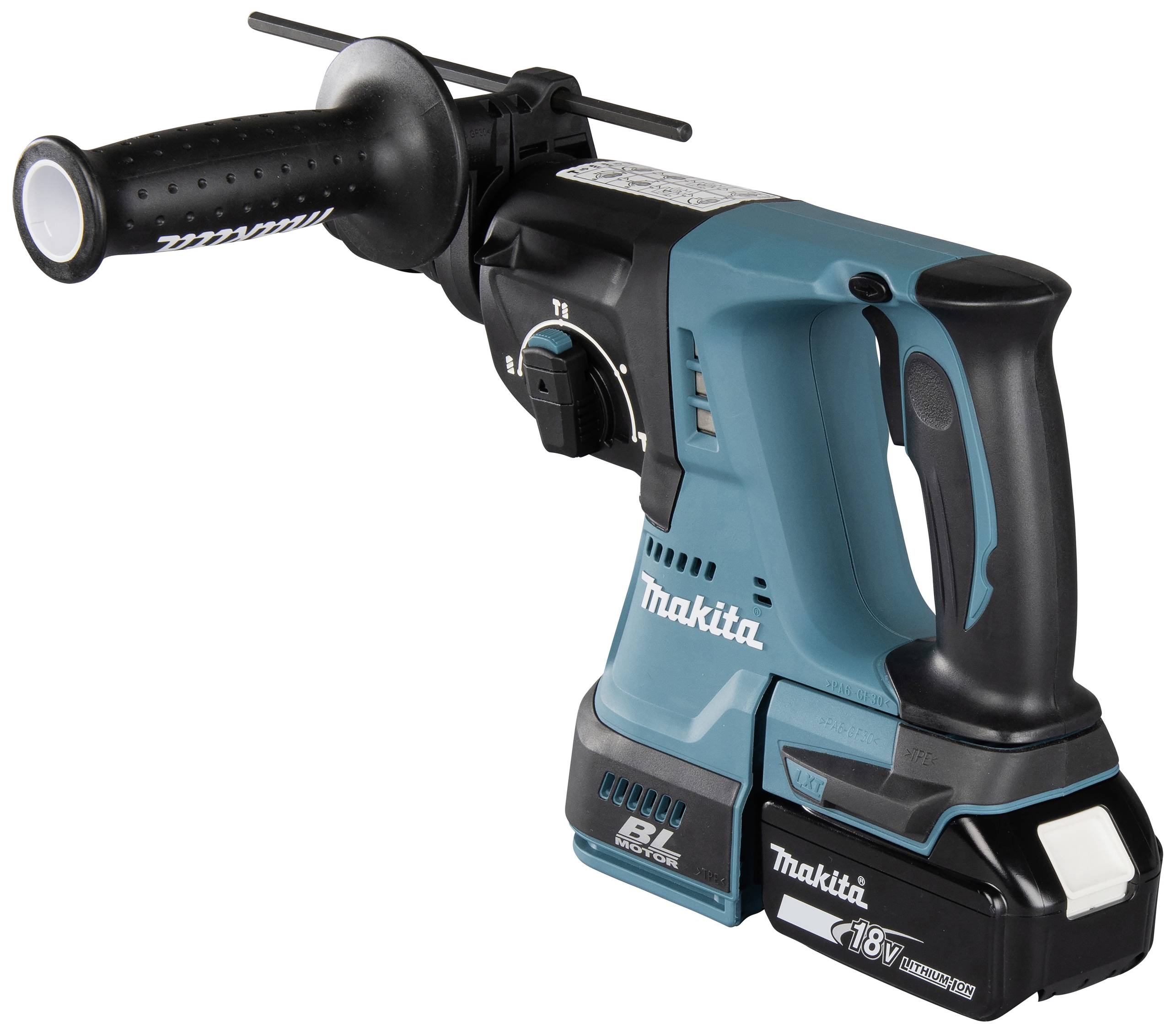 Akku-Bohrhammer in Blau und Schwarz mit seitlichem Griff und sichtbarem Markenlogo, geeignet für Bau- und Renovierungsarbeiten.
