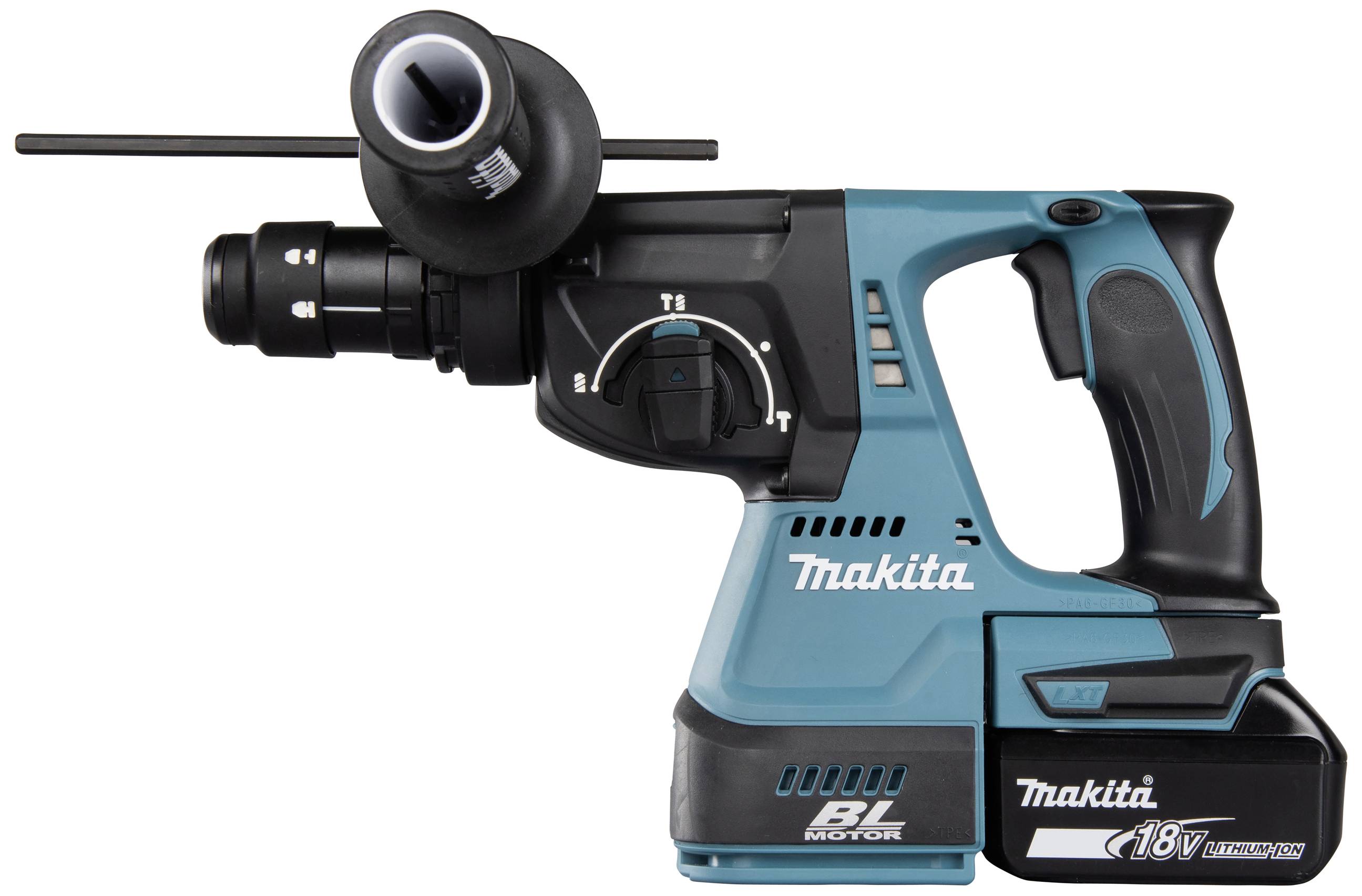 Ein kabelloser Bohrhammer von Makita in Blau und Schwarz, mit einem ergonomischen Griff und einem leistungsstarken Motor für vielseitige Anwendungen.