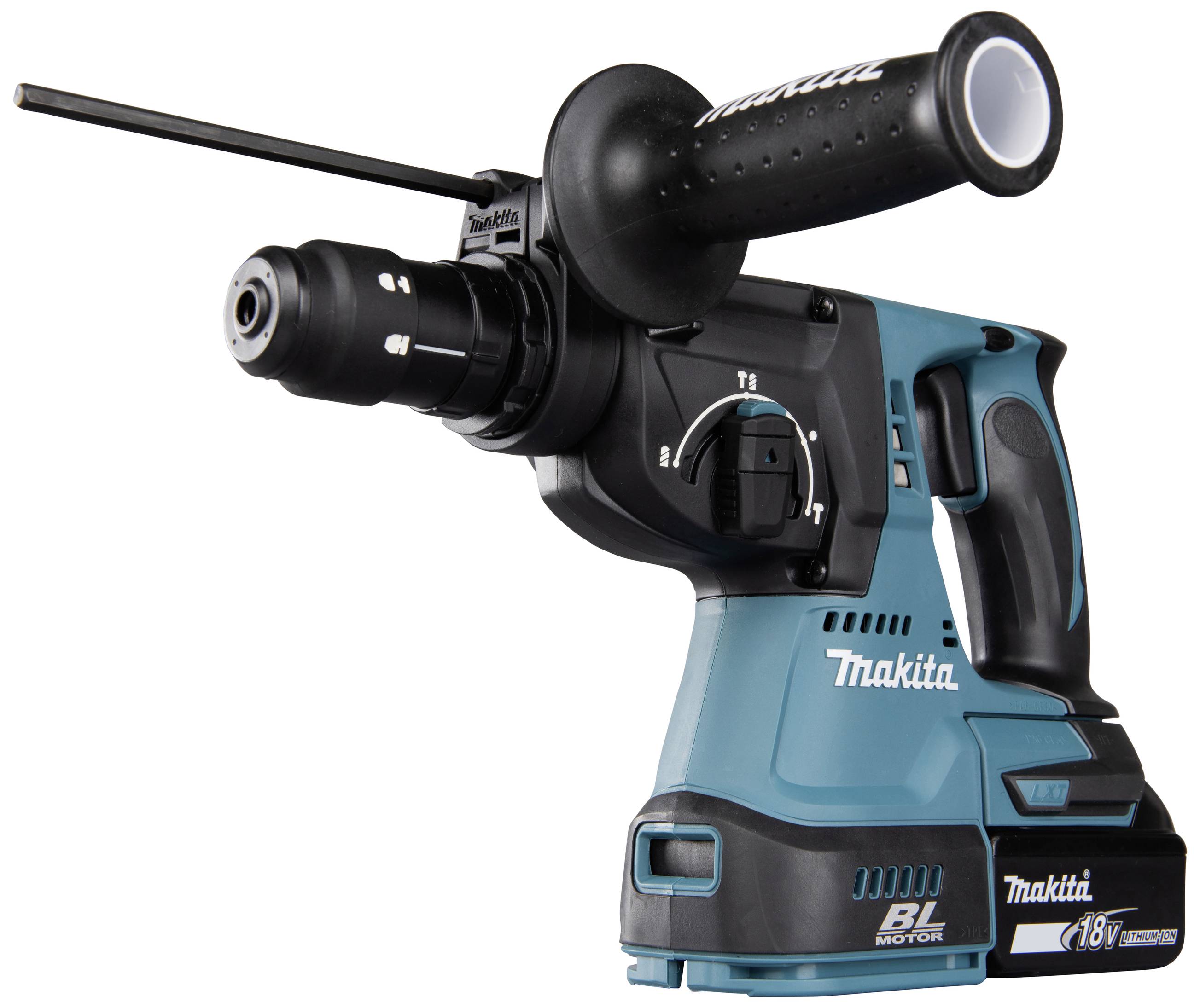 Kabelloser Bohrhammer von Makita in Blau und Schwarz mit Zusatzgriff, elektrischen Einstellungen und 18V Akku.