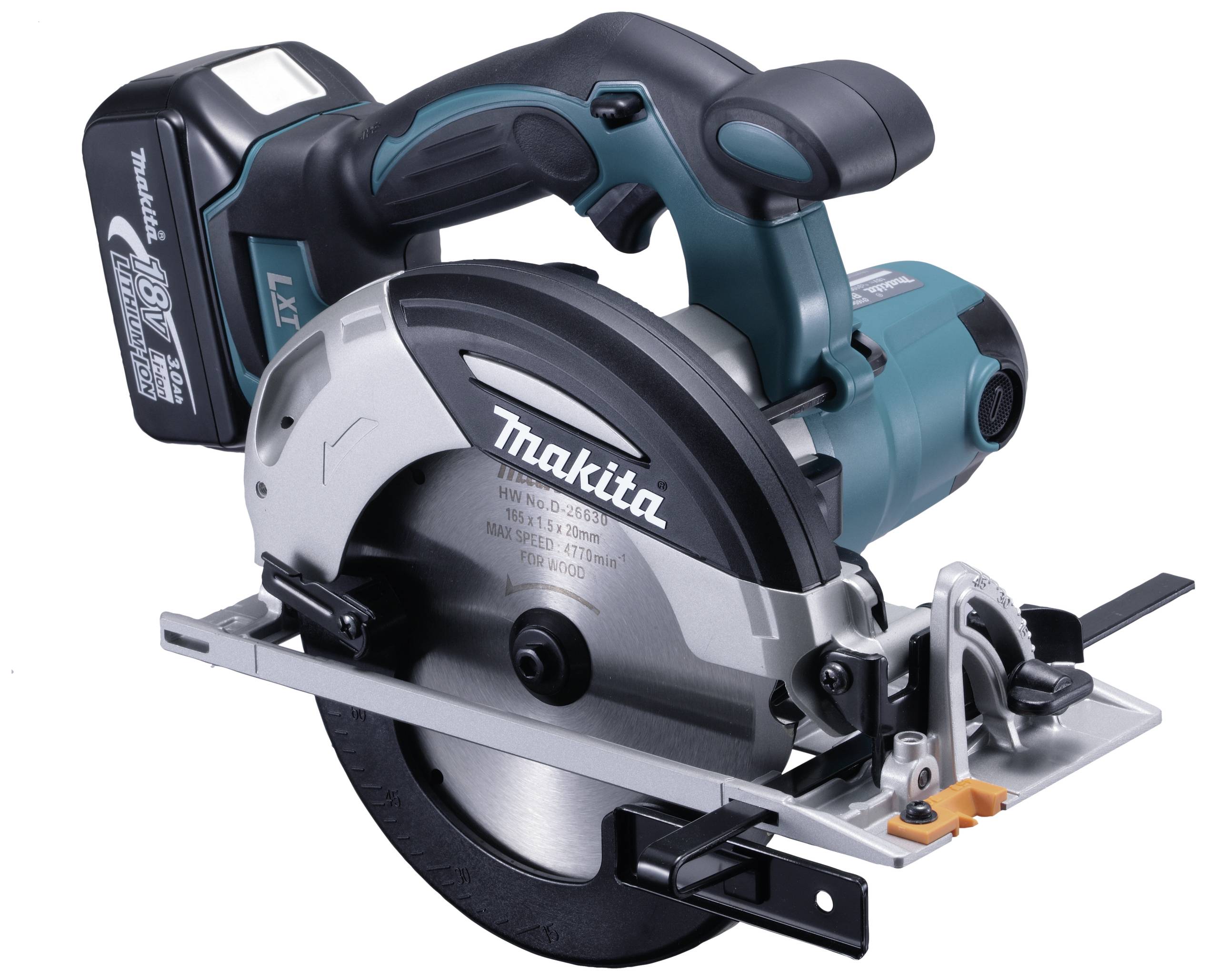 Akkubetriebene Handkreissäge in schwarz-türkis mit silberner Klinge, ergonomischem Griff und einem Akku oben montiert, Markenname sichtbar.